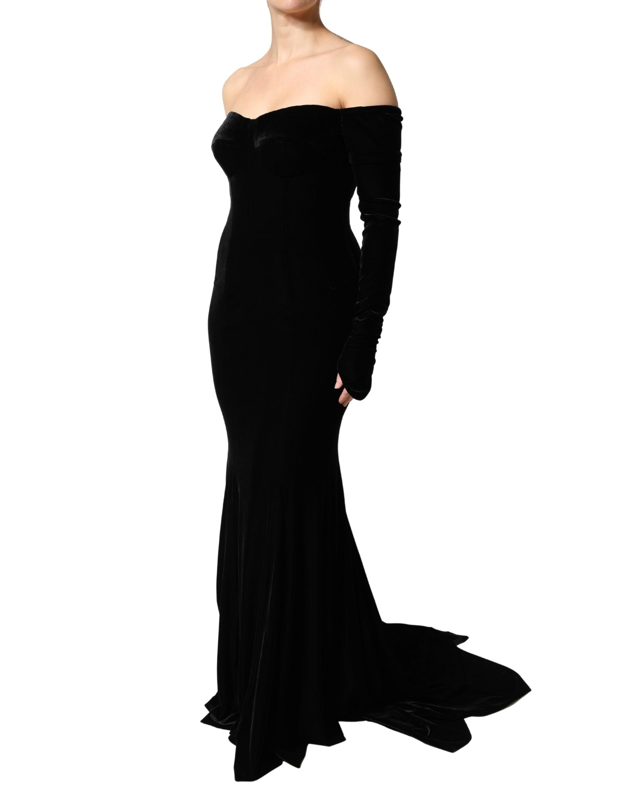 Dolce & Gabbana Black Off Shoulder Bodycon Long Gown Dress - Luxe Marca