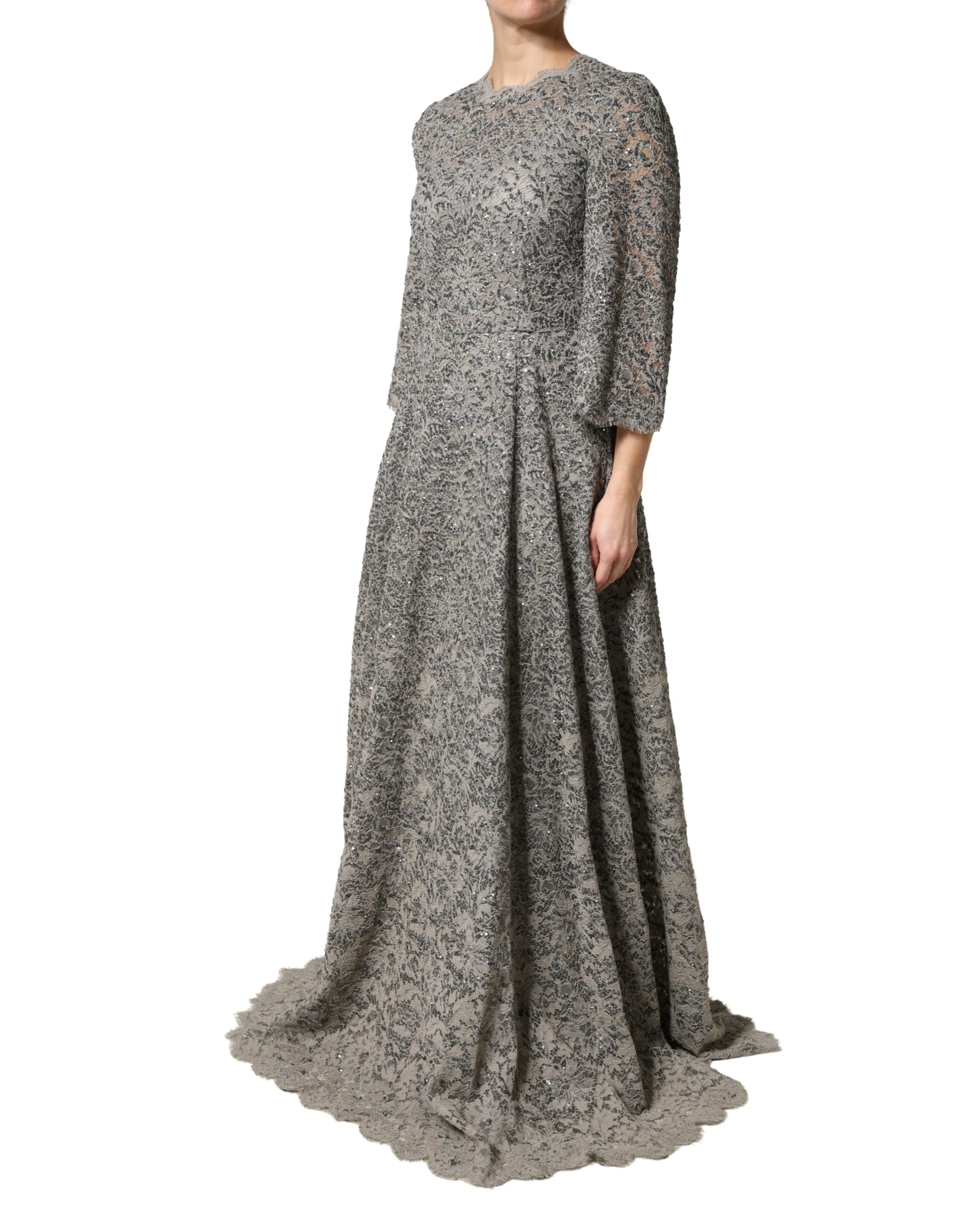Dolce & Gabbana Gray Lace Long Sleeves Cotton Maxi Dress - Luxe Marca