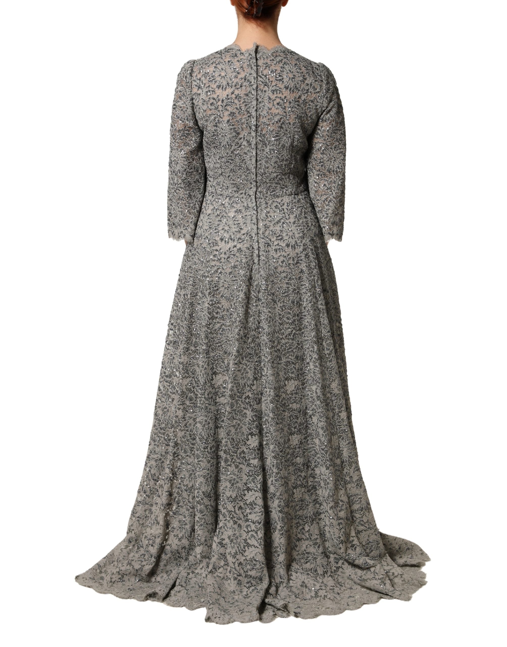 Dolce & Gabbana Gray Lace Long Sleeves Cotton Maxi Dress - Luxe Marca