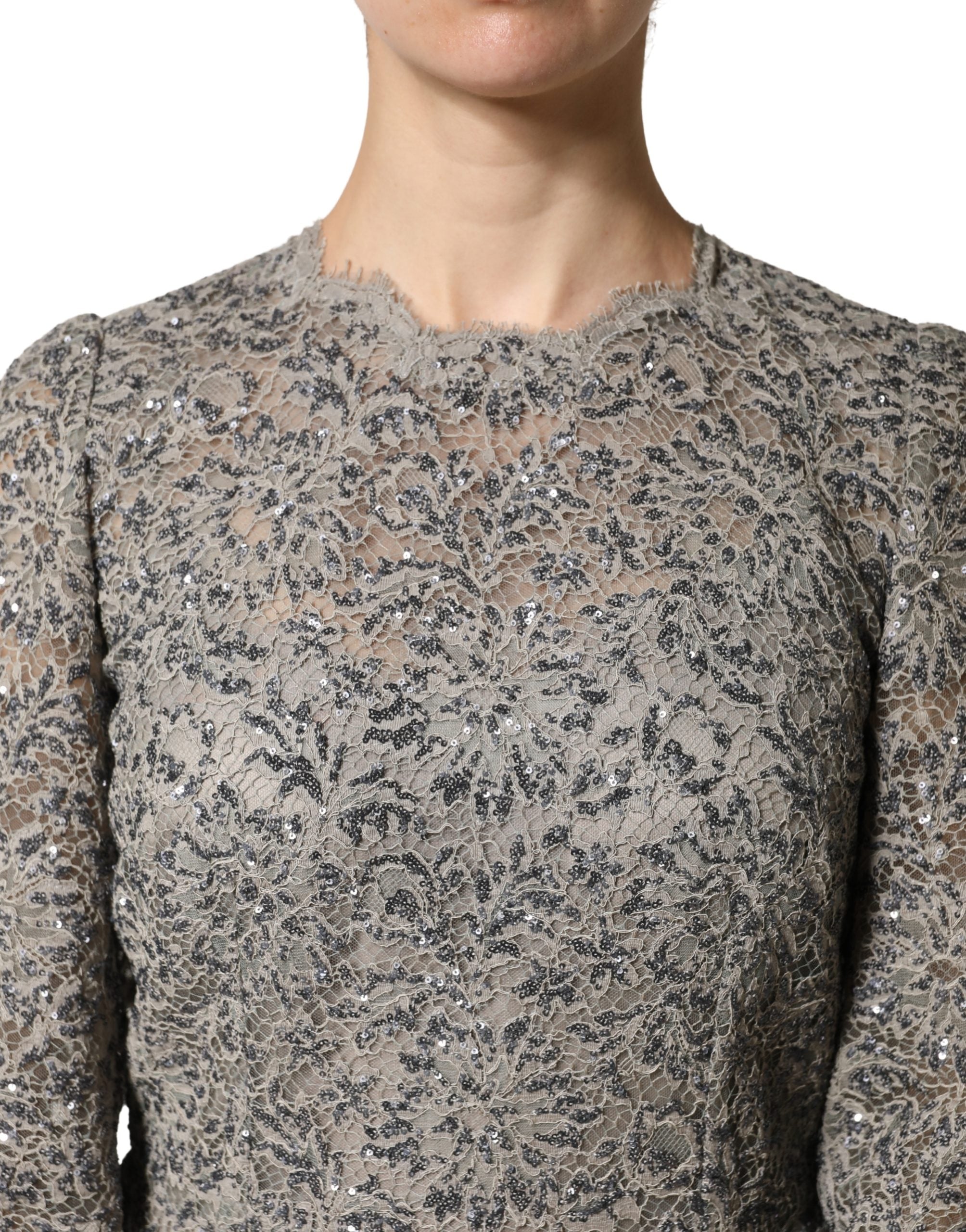 Dolce & Gabbana Gray Lace Long Sleeves Cotton Maxi Dress - Luxe Marca