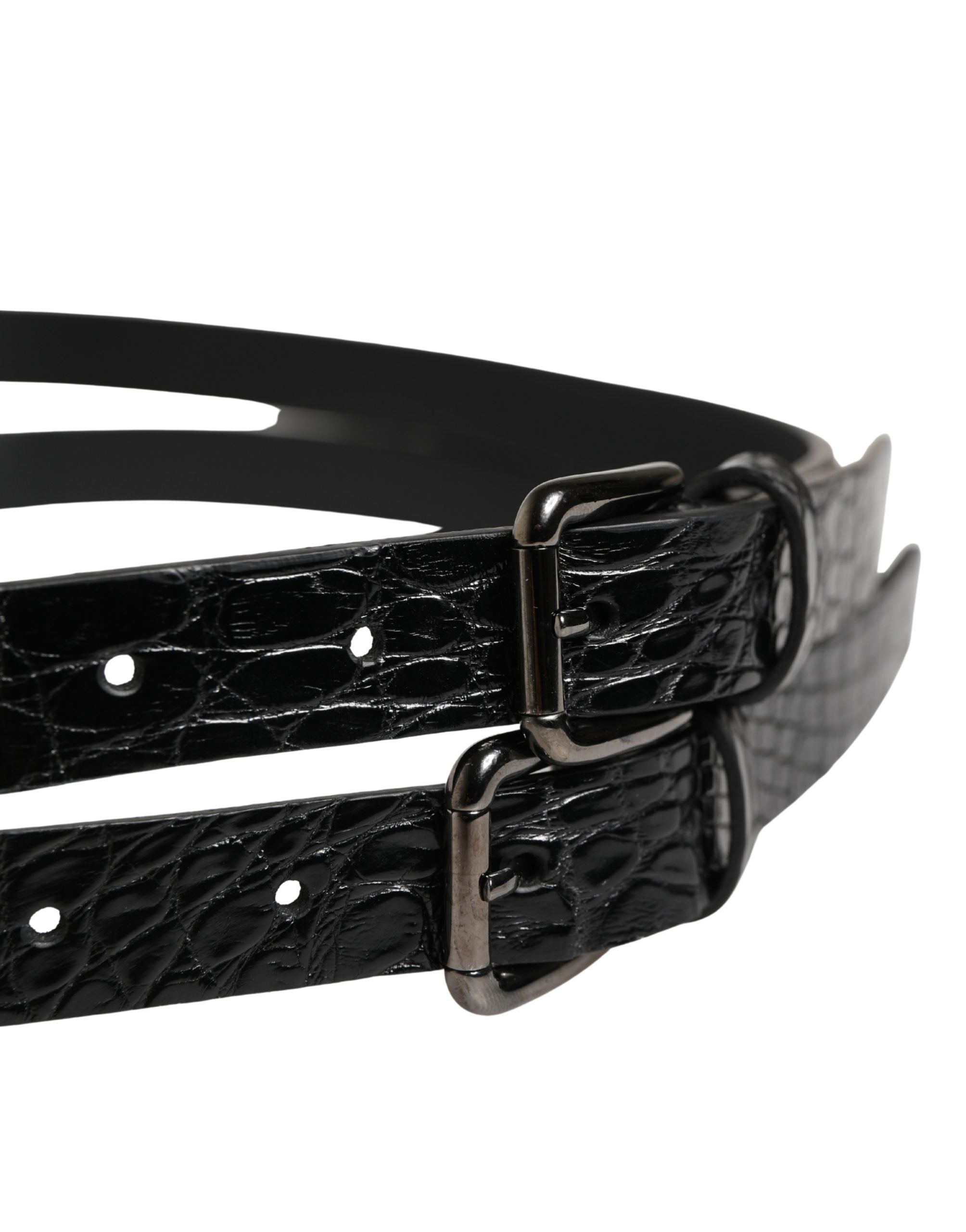 Dolce & Gabbana Black Double Strap Leather Silver Buckle Belt - Luxe Marca