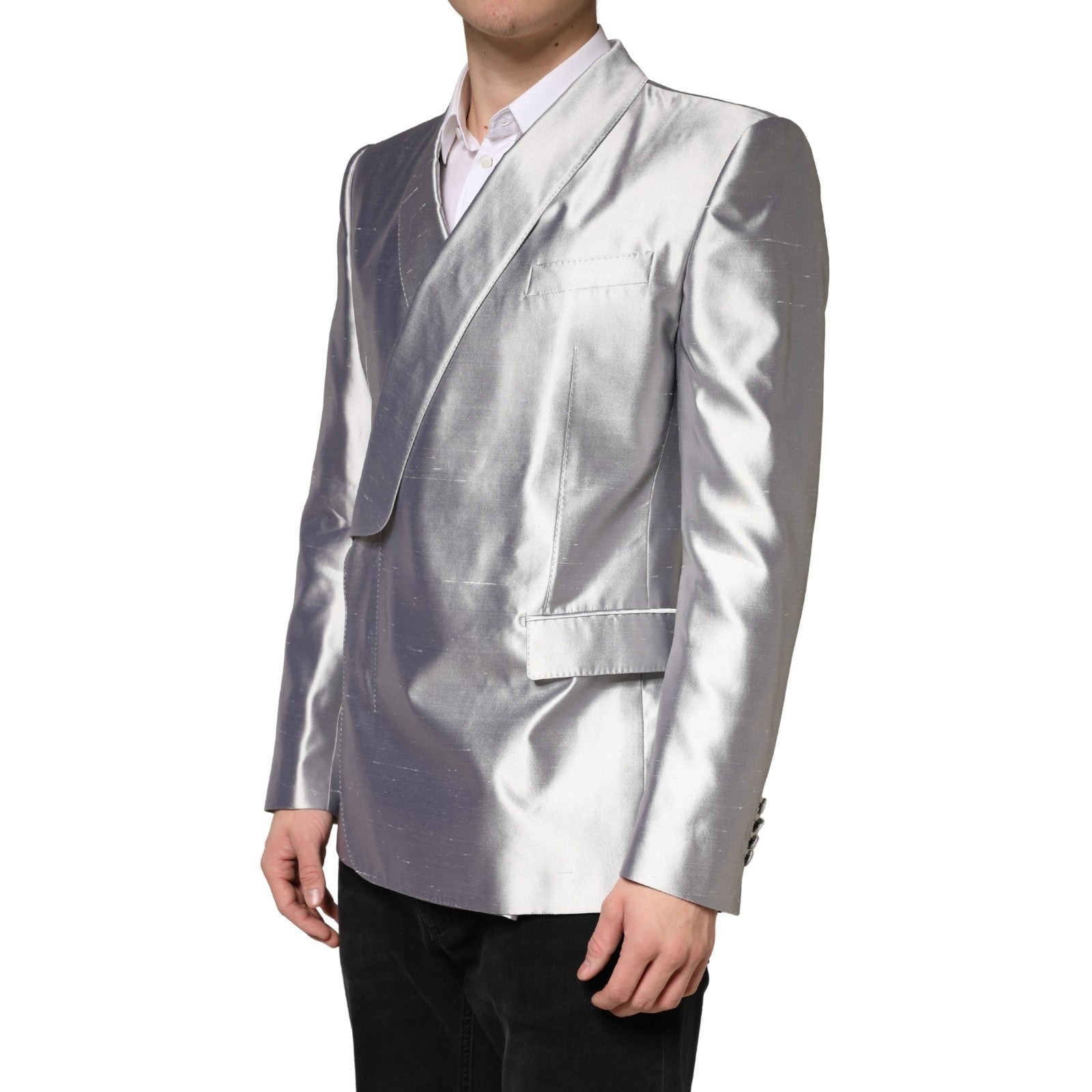 Dolce & Gabbana Silver SICILIA Silk Double Breasted Blazer - Luxe Marca