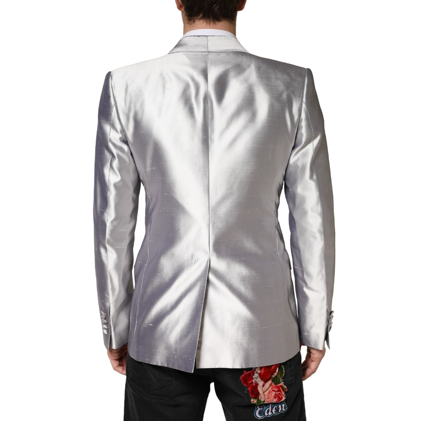 Dolce & Gabbana Silver SICILIA Silk Double Breasted Blazer - Luxe Marca