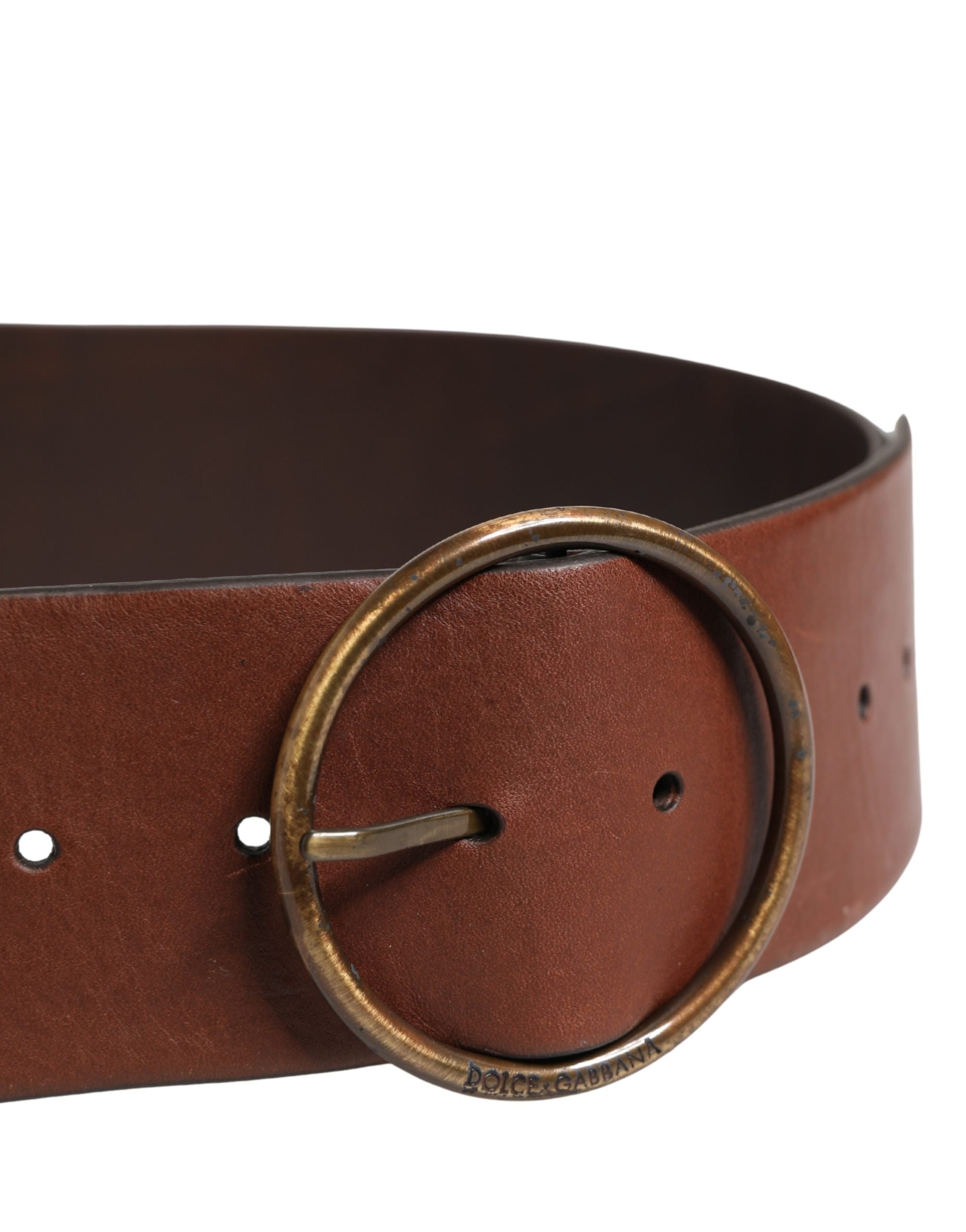 Dolce & Gabbana Brown Leather Wide Waist Metal Round Belt - Luxe Marca