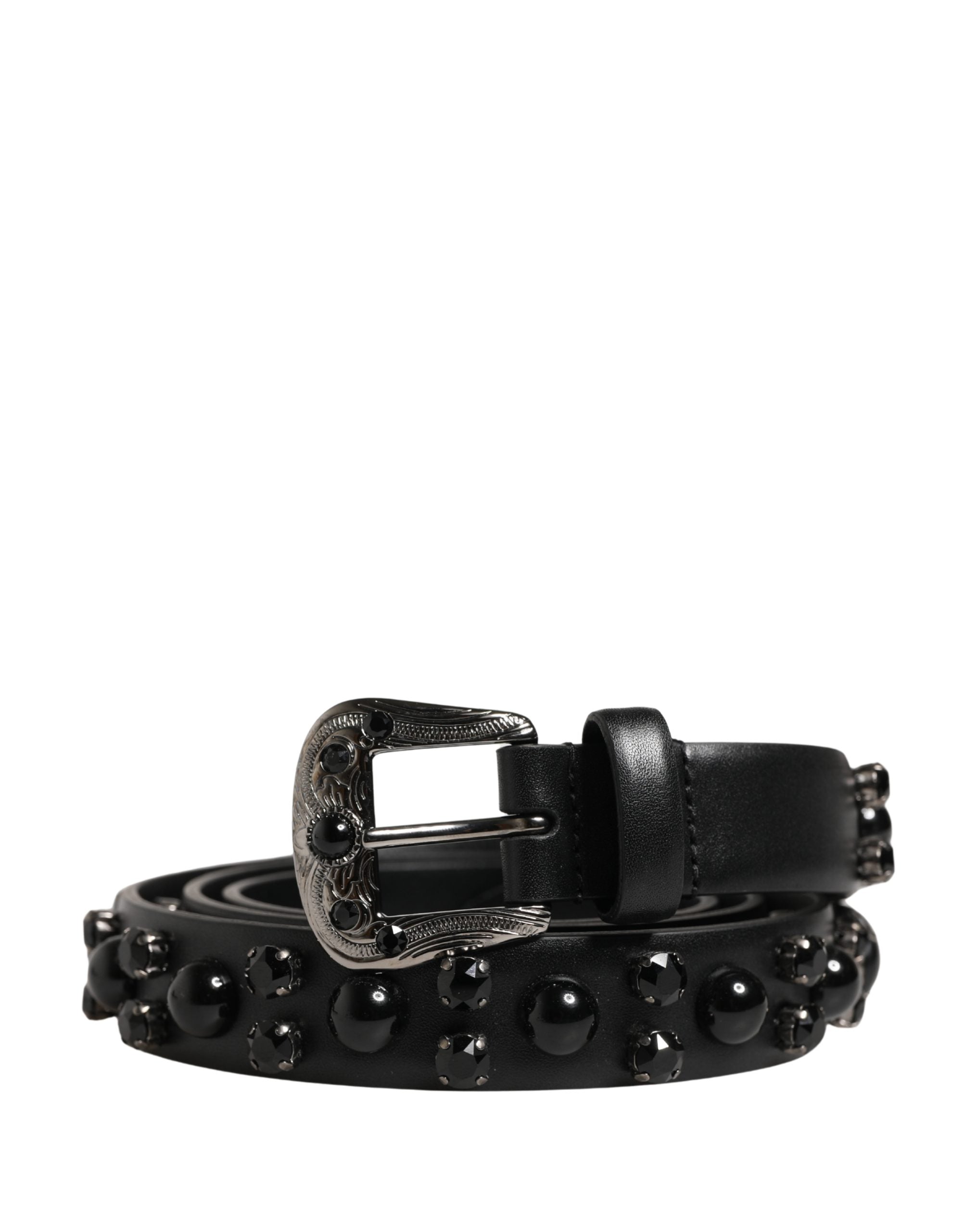 Dolce & Gabbana Men Black Calf Embellished Metal Buckle Belt - Luxe Marca