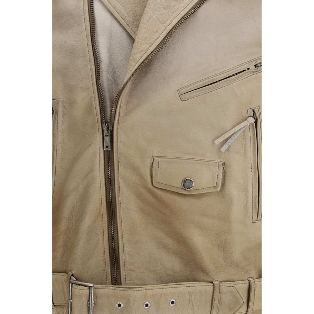 Golden Goose Beige Buffalo Leather Biker Jacket - Luxe Marca