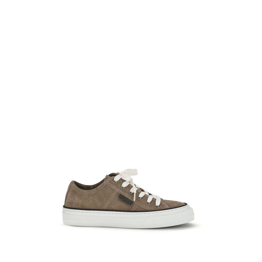 Brunello Cucinelli Beige Calf Leather Bos Taurus Low Top Sneakers - Luxe Marca