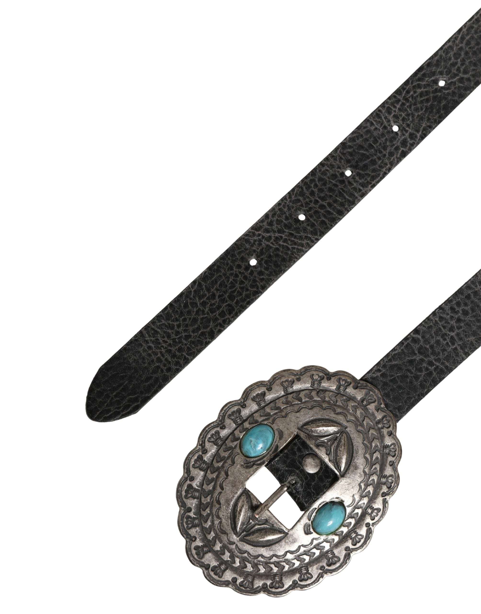 Cavalli Class Black Turquoise Leather Embellished Oval Buckle Belt