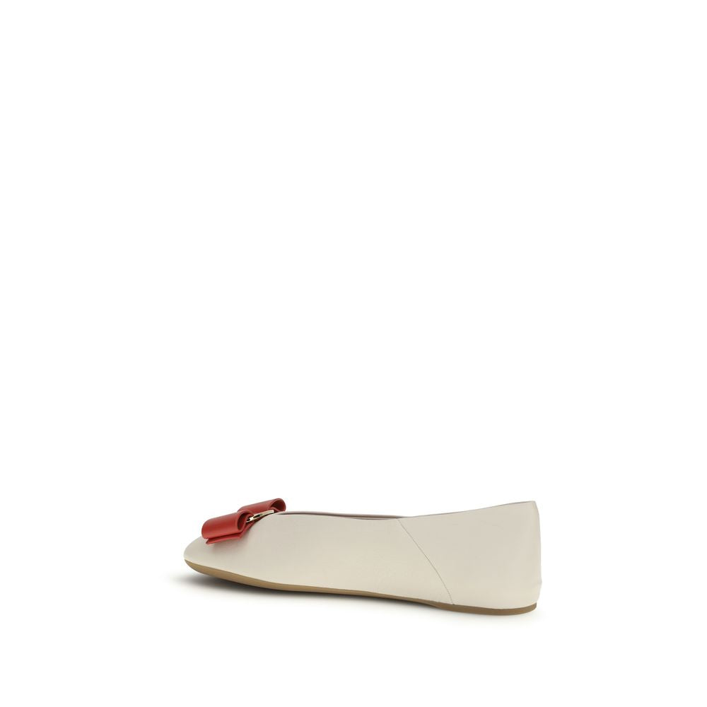 Ferragamo White Calf Leather Bos Taurus Ballet Flats - Luxe Marca