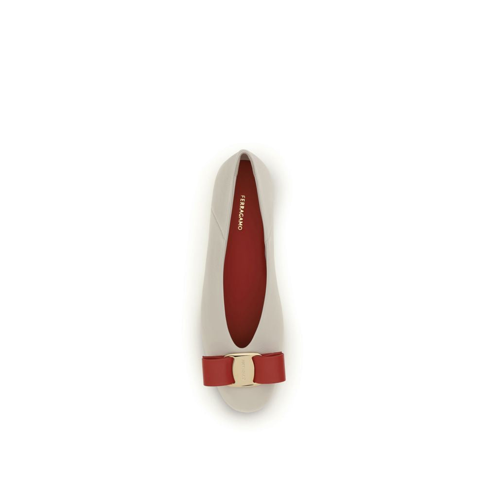 Ferragamo White Calf Leather Bos Taurus Ballet Flats - Luxe Marca