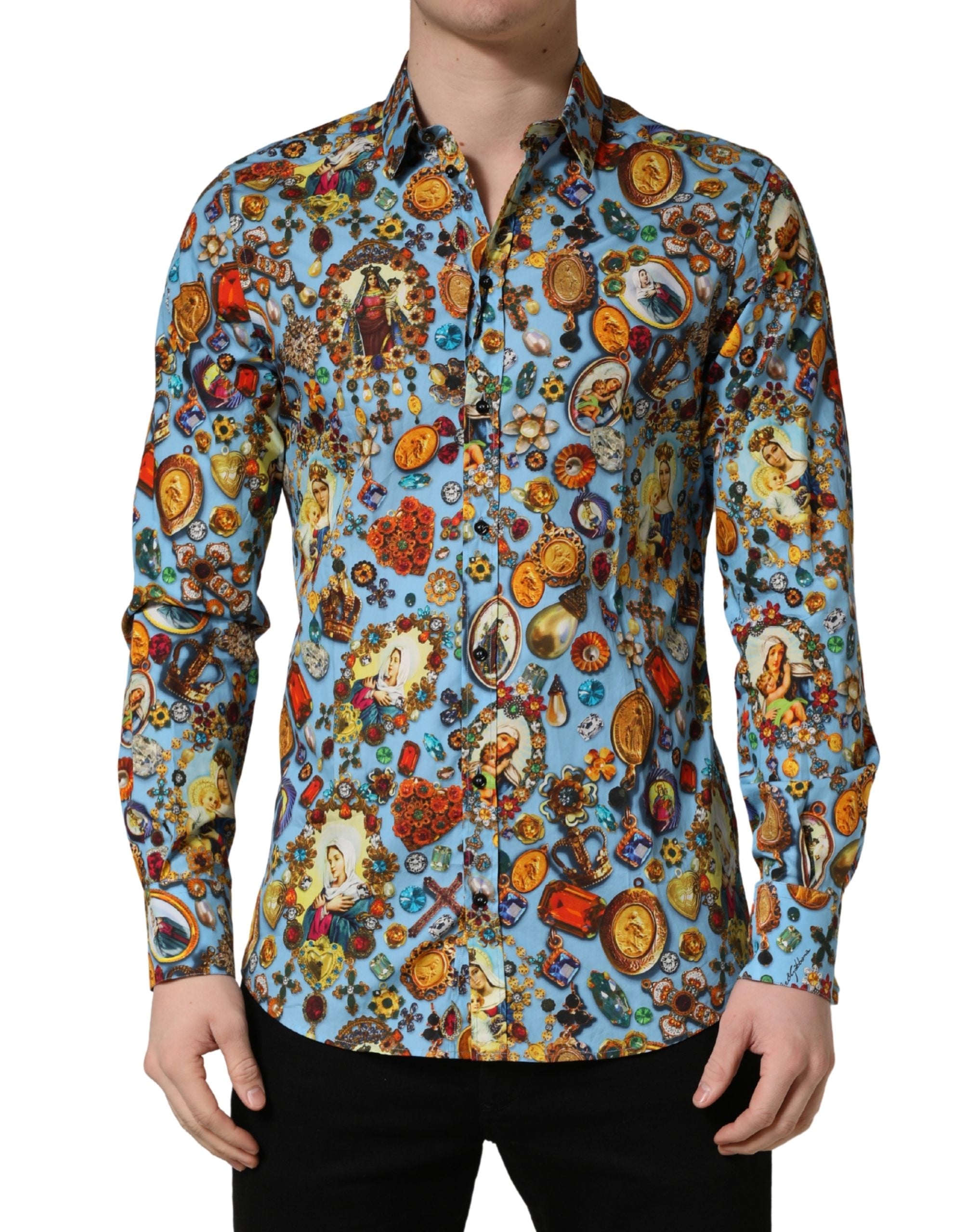 Dolce & Gabbana Blue Cotton Jewel Print Button Down GOLD Shirt