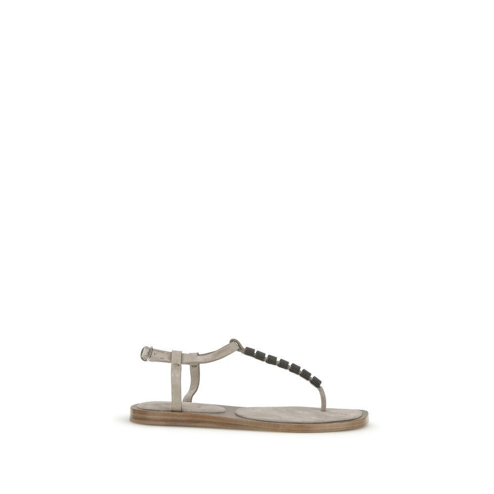 Brunello Cucinelli Beige Calf Leather Bos Taurus Sandals
