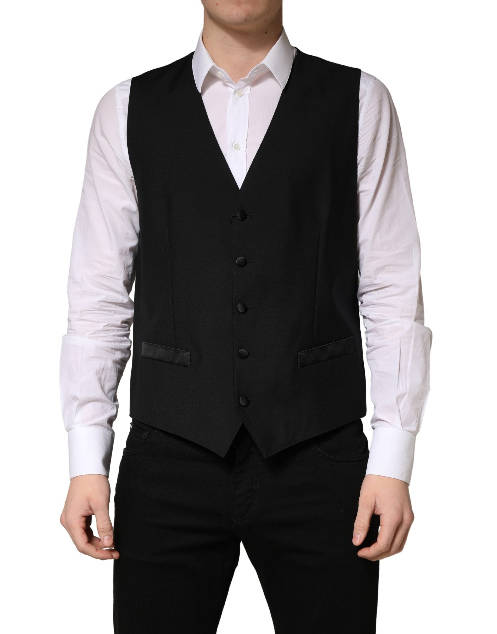 Dolce & Gabbana Black Wool Single Breasted Men Waistcoat Vest