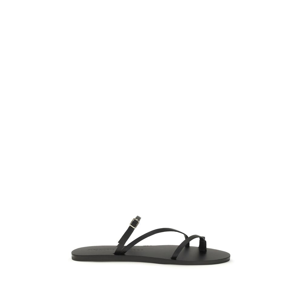 Manebi Black Calf Leather Bos Taurus Flat Sandals