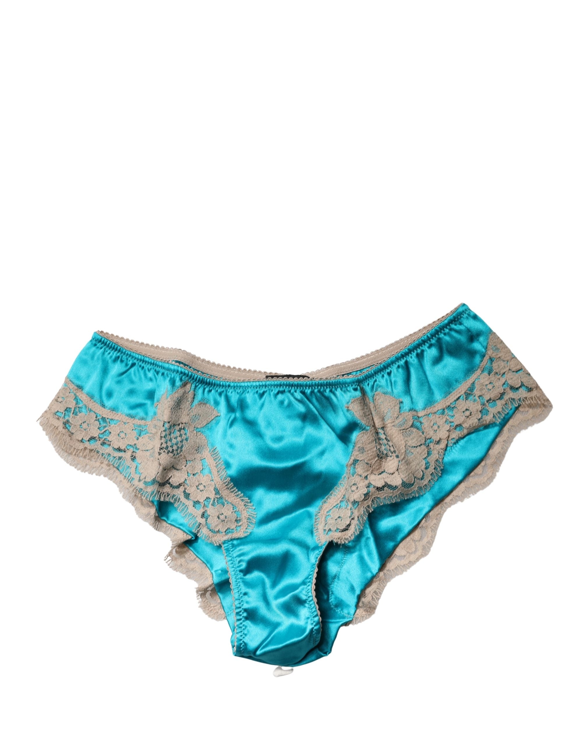 Dolce & Gabbana Blue Silk Satin Floral Lace Panty Brief Underwear