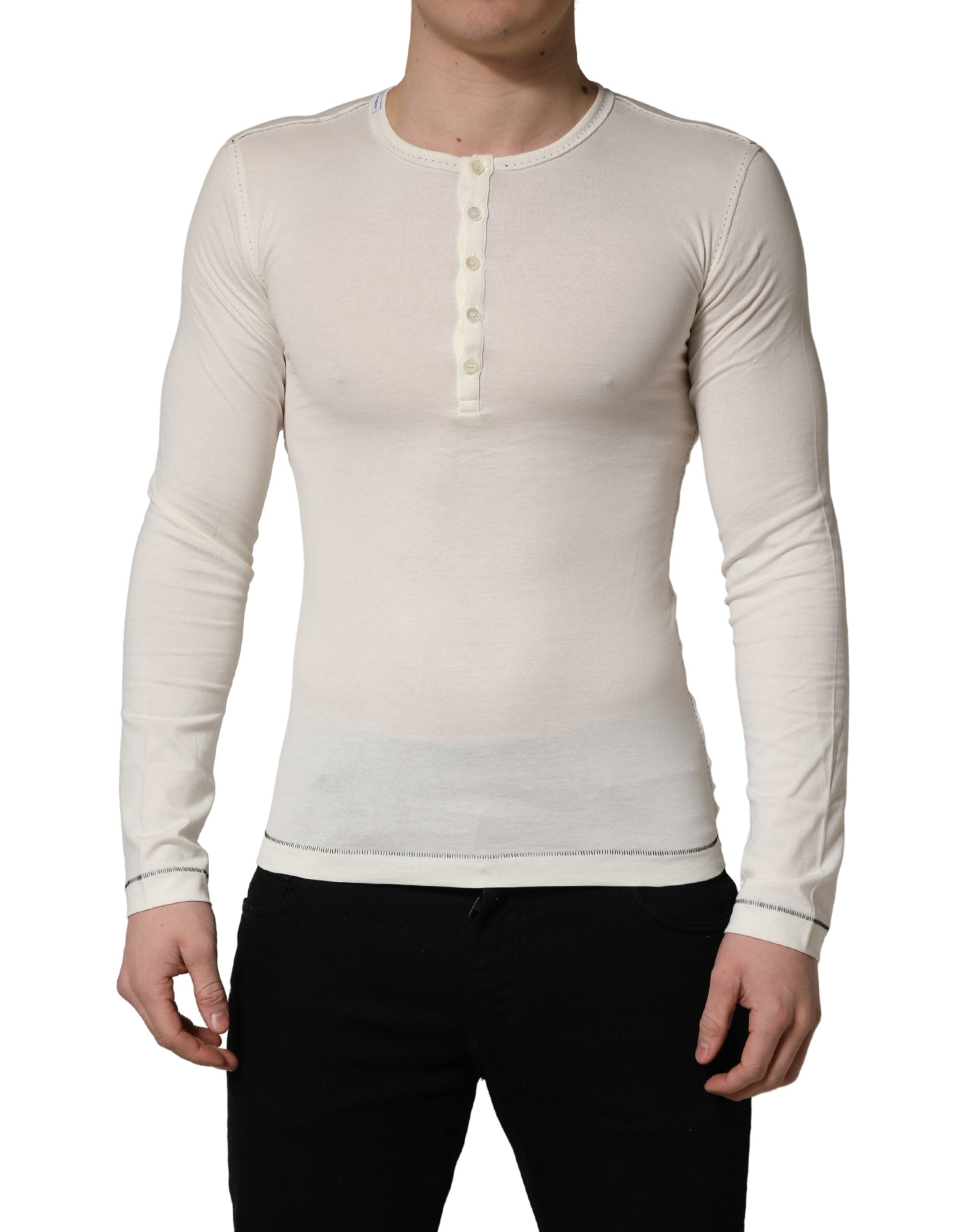 Dolce & Gabbana White Long Sleeves Henley Pullover Sweater