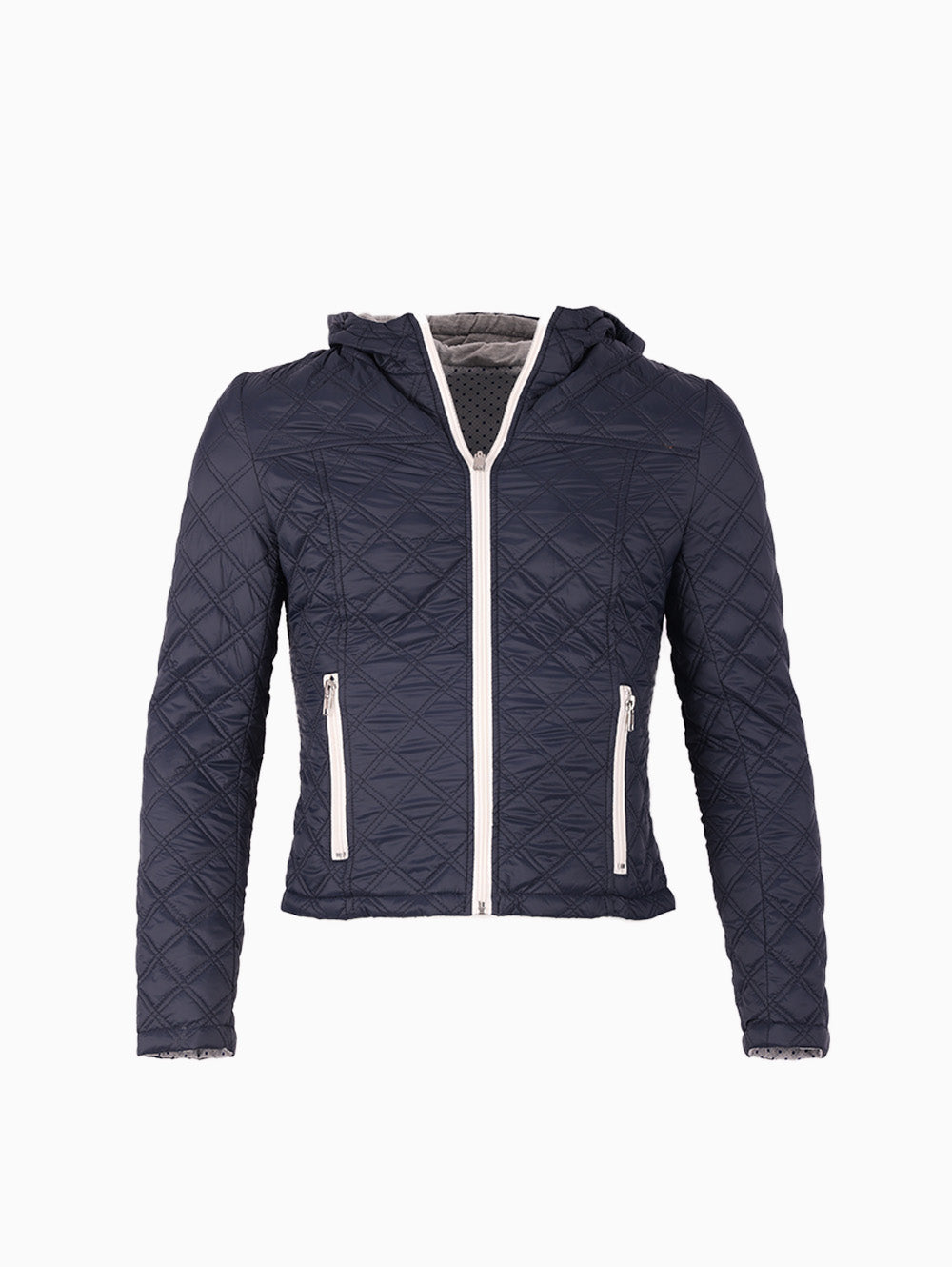 Front view of Target Reversible Jacket with Hood in navy with zip closure