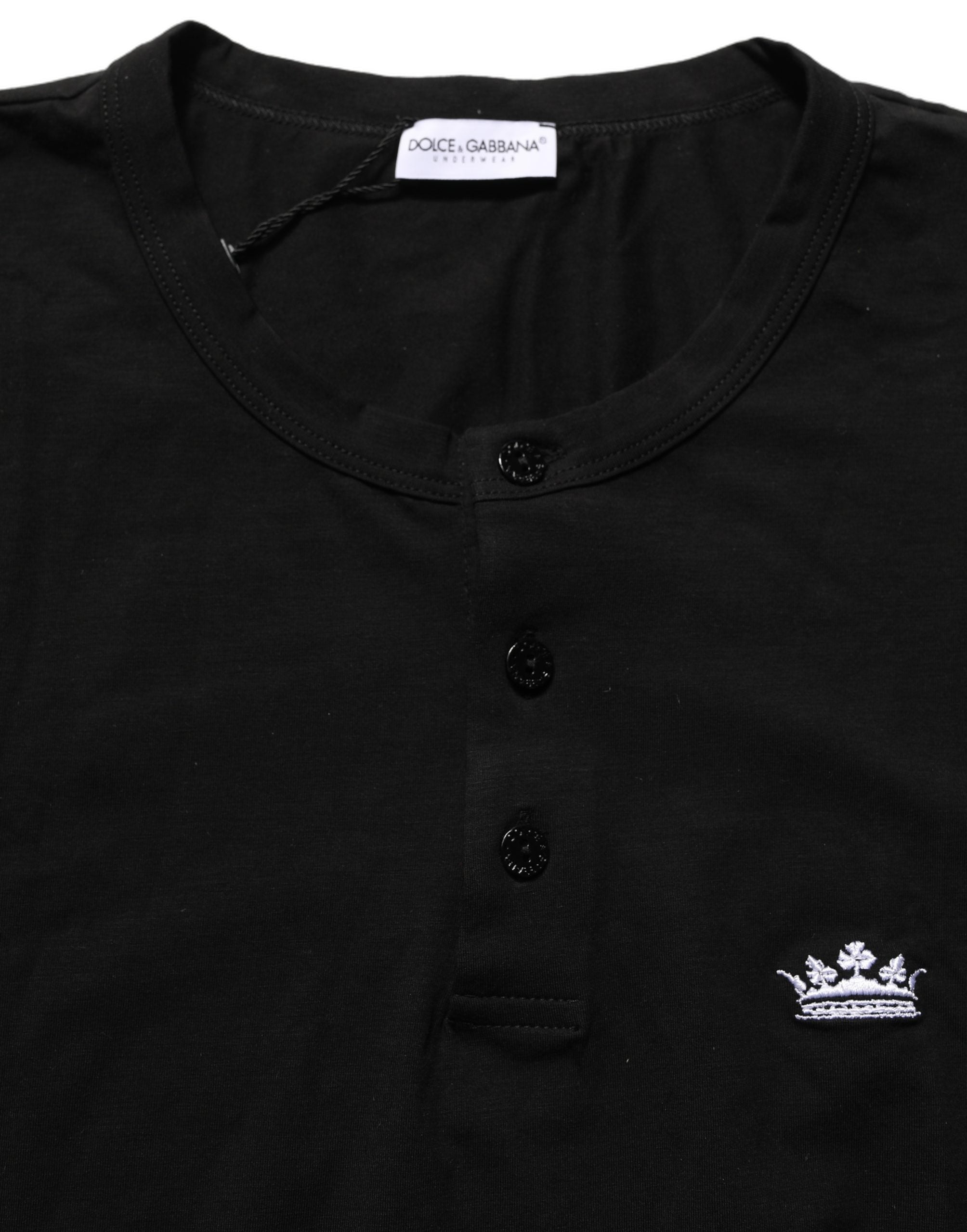 Dolce & Gabbana Black Crown Short Sleeved Henley Men T-shirt