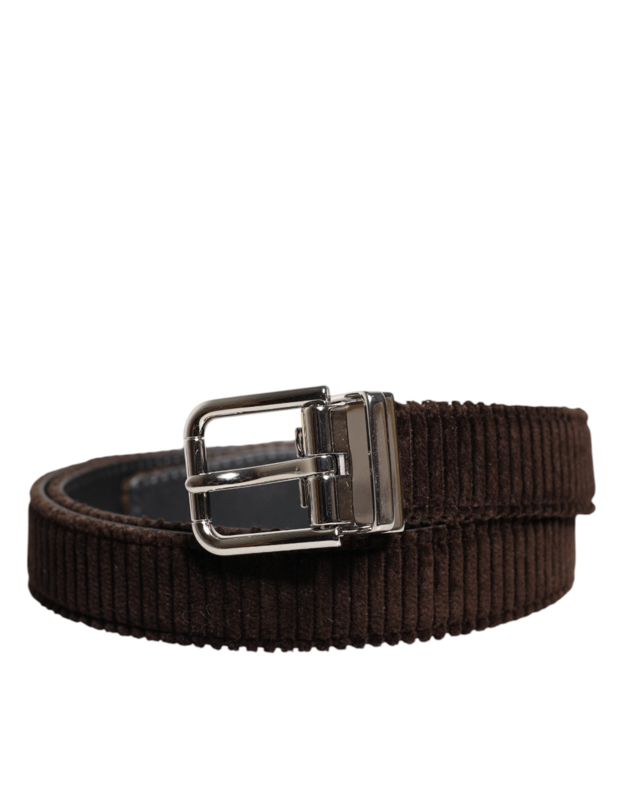Dolce & Gabbana Men Brown Velvet Ridged Silver Buckle Belt