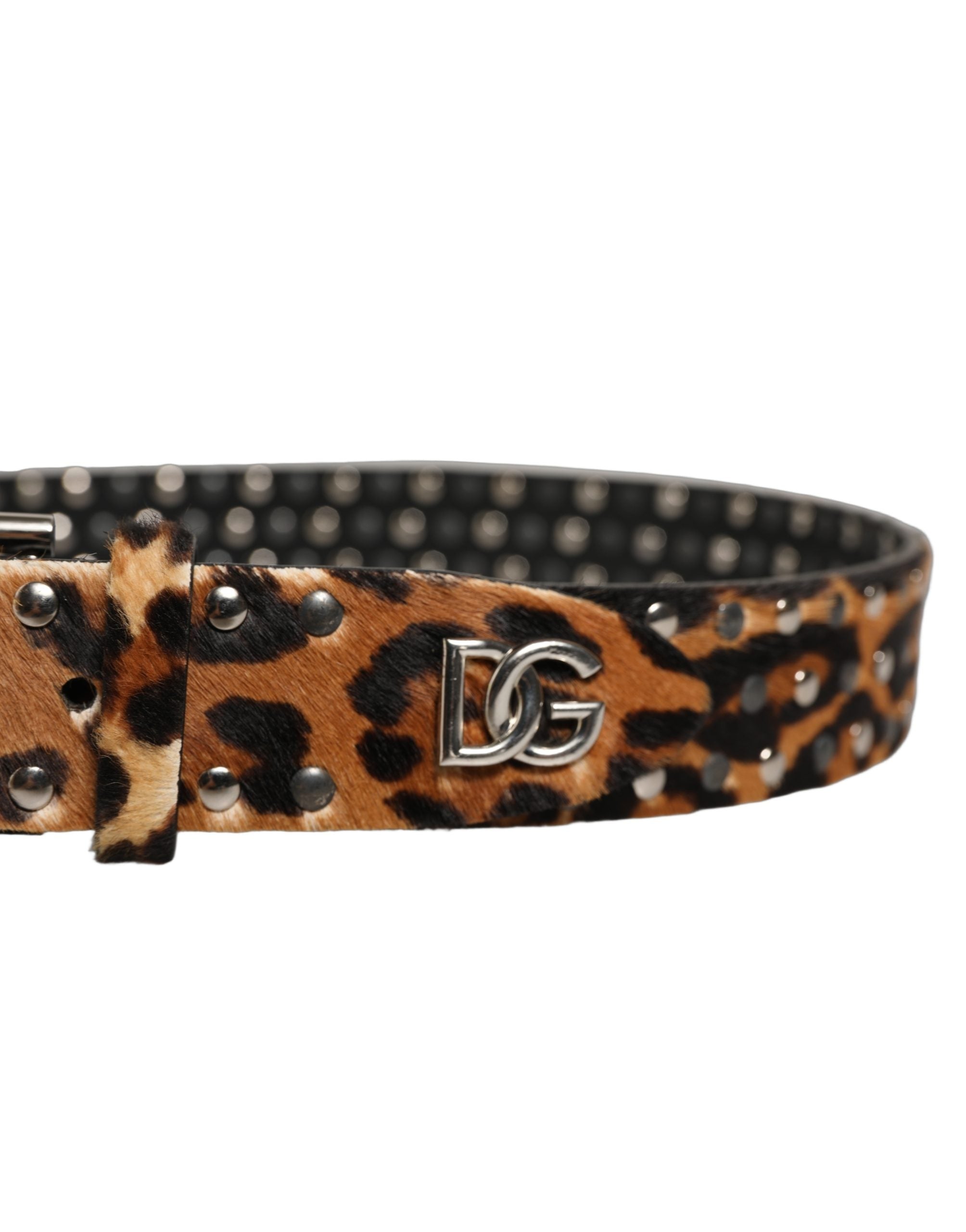 Dolce & Gabbana Brown Leopard Calf Hair Studs Metal Buckle Belt