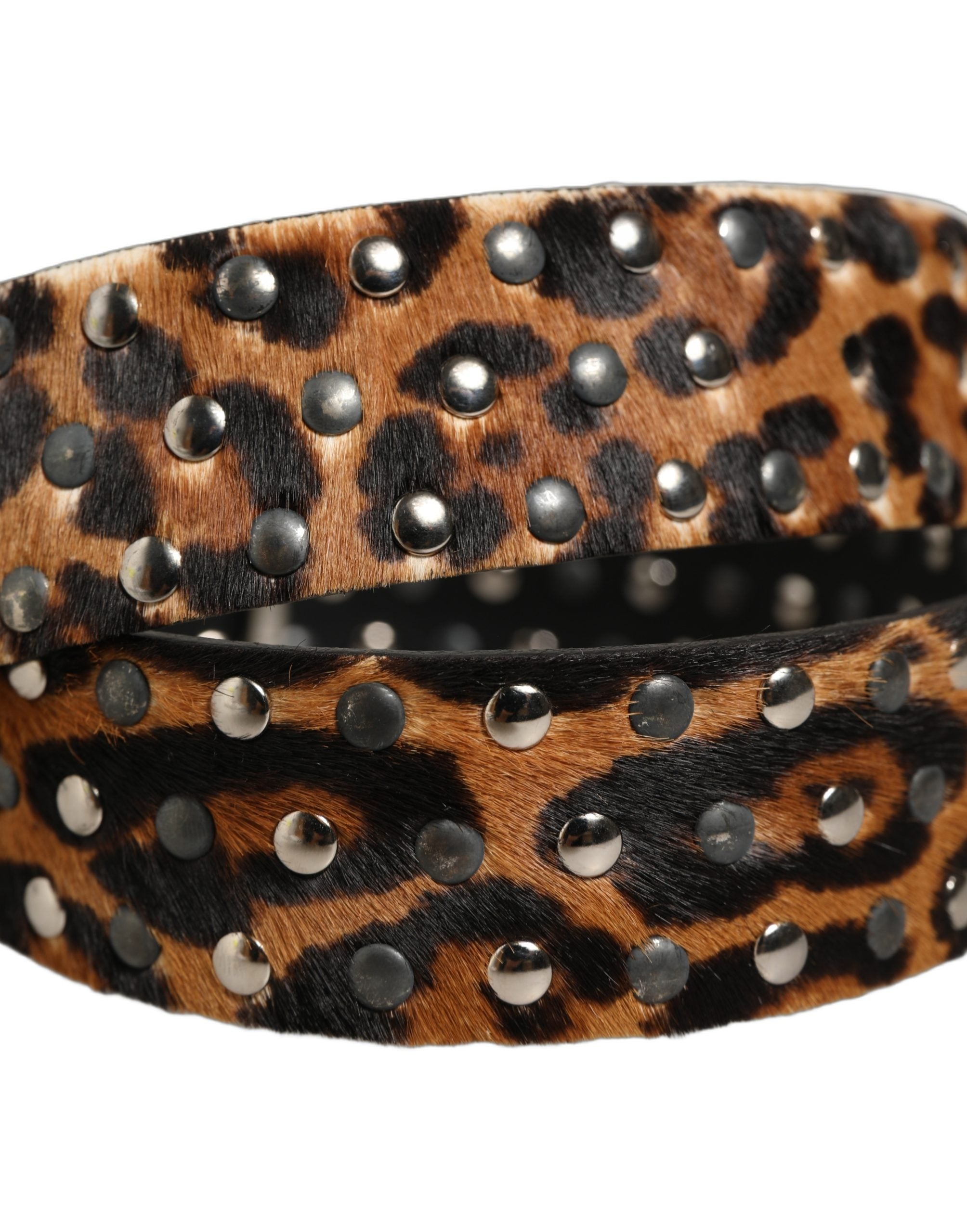 Dolce & Gabbana Brown Leopard Calf Hair Studs Metal Buckle Belt