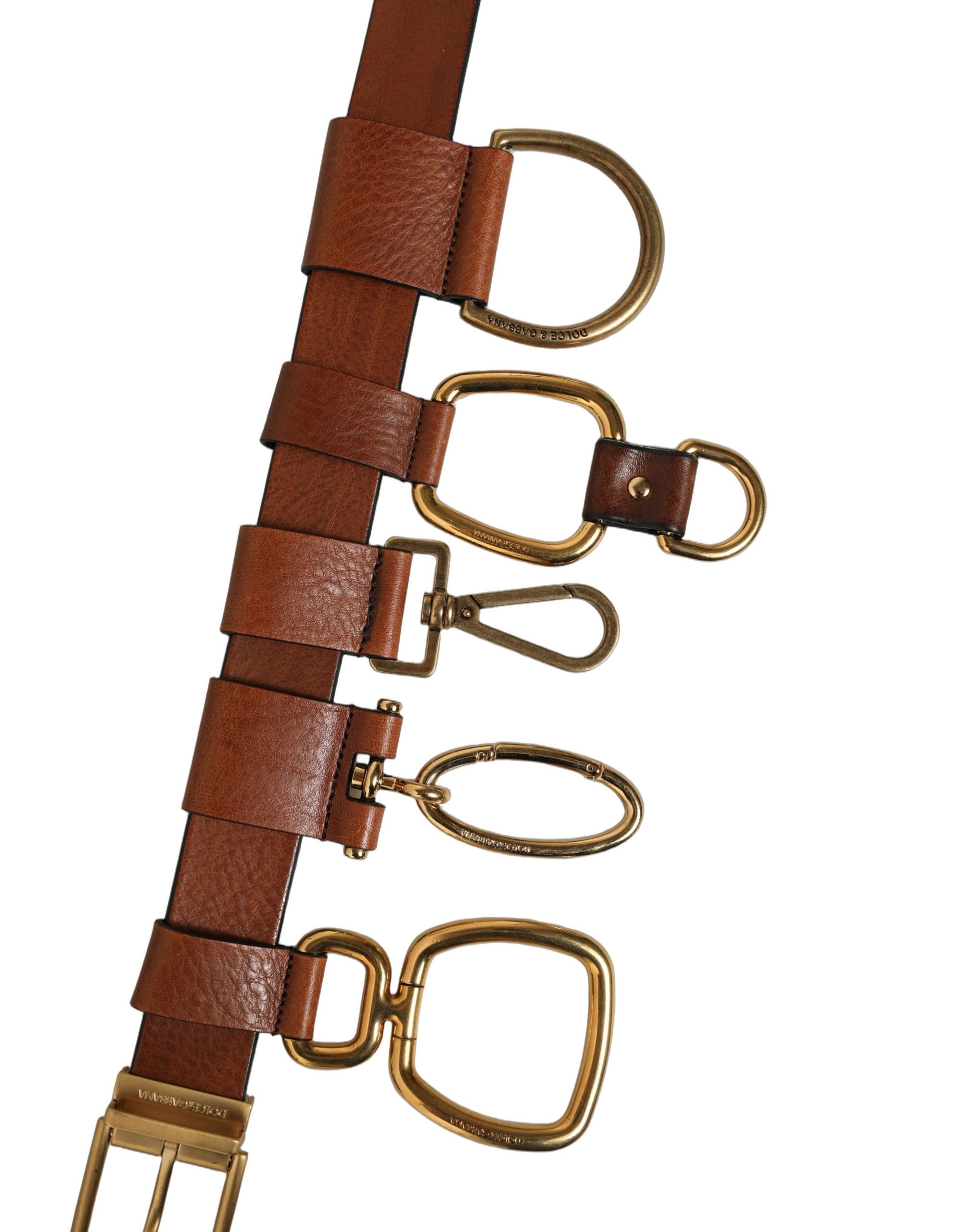 Dolce & Gabbana Brown Leather Gold Metal Rings Buckle Belt