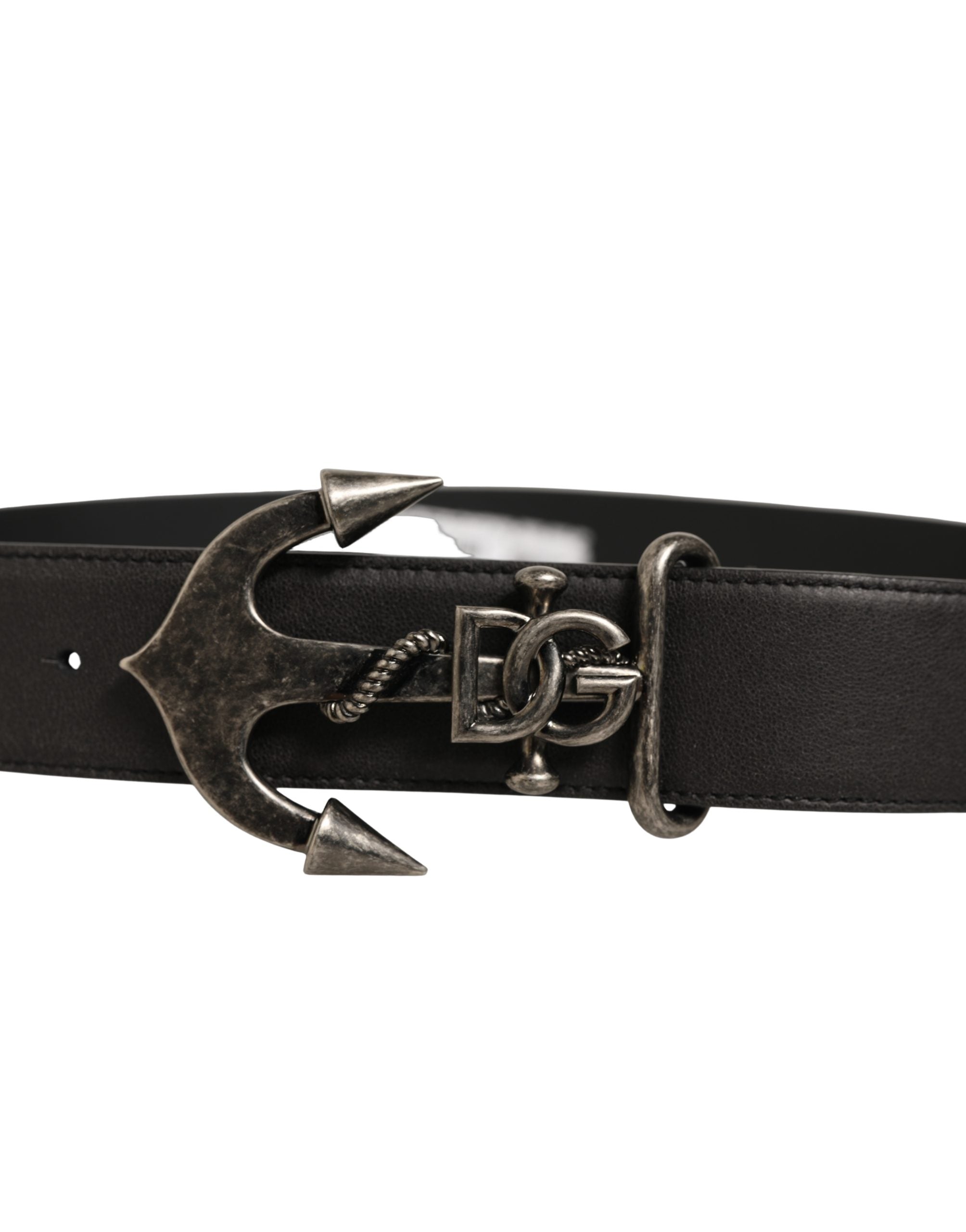 Dolce & Gabbana Black Leather Anchor Logo Metal Buckle Belt