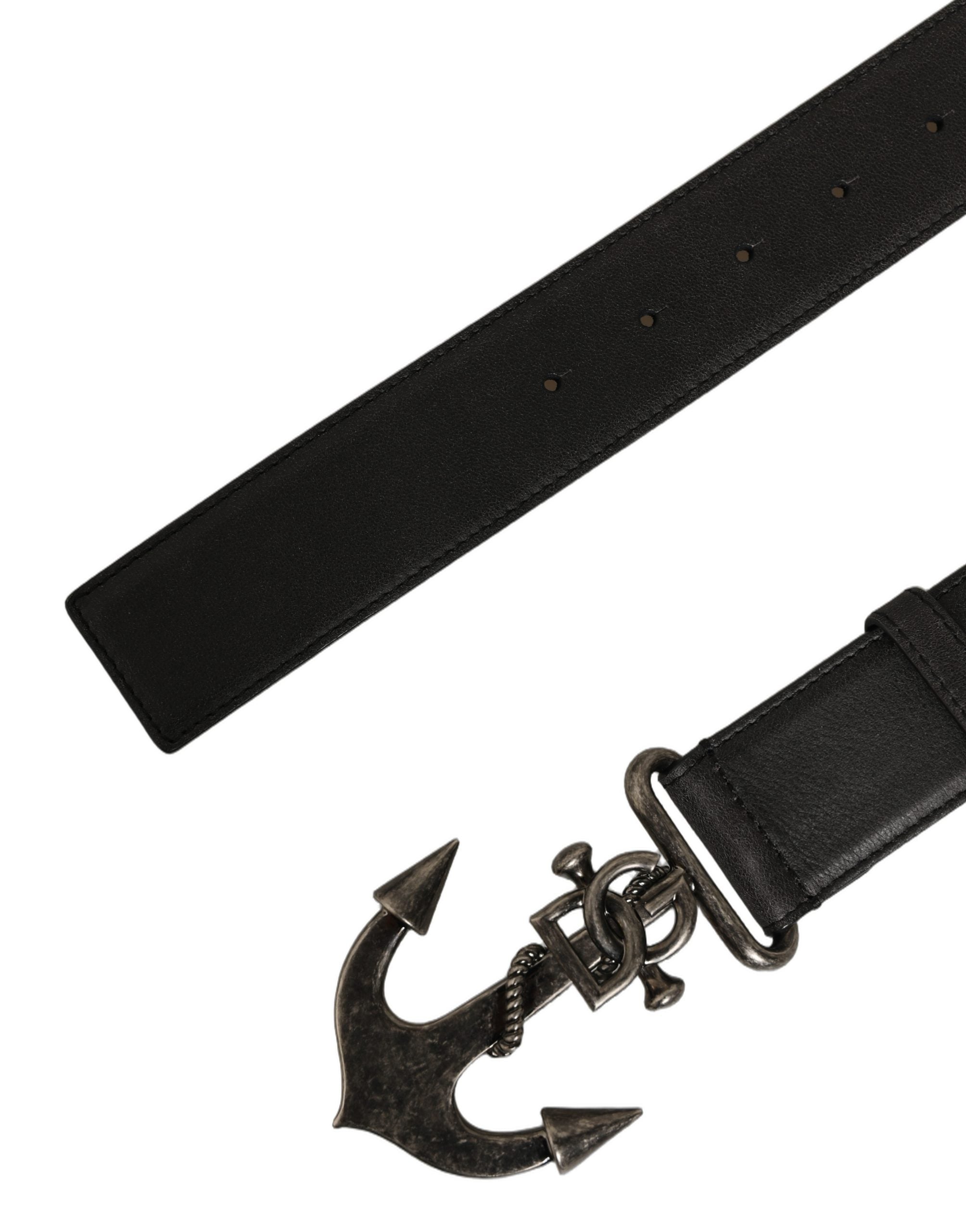 Dolce & Gabbana Black Leather Anchor Logo Metal Buckle Belt