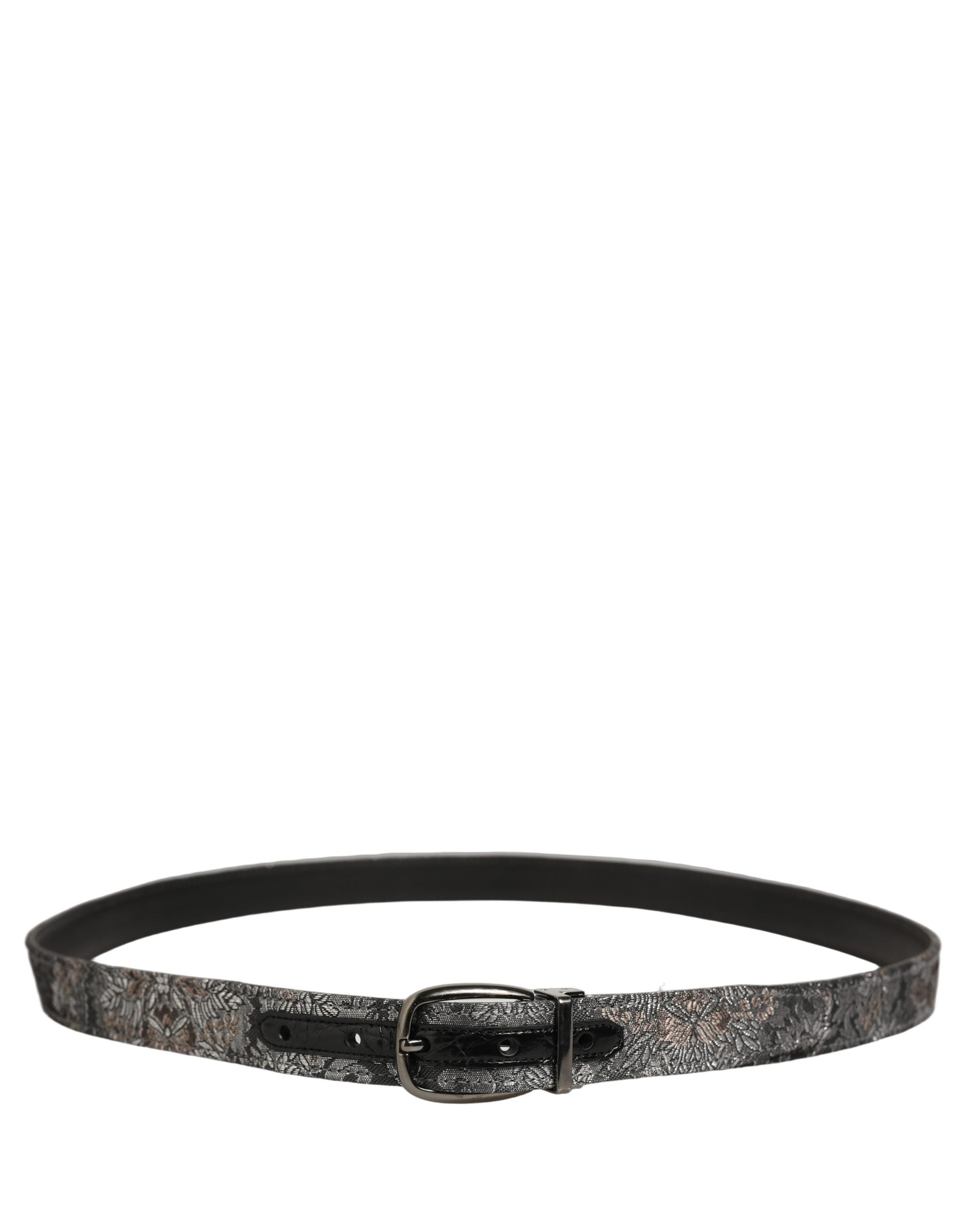 Dolce & Gabbana Silver Black Floral Jacquard Metal Buckle Belt