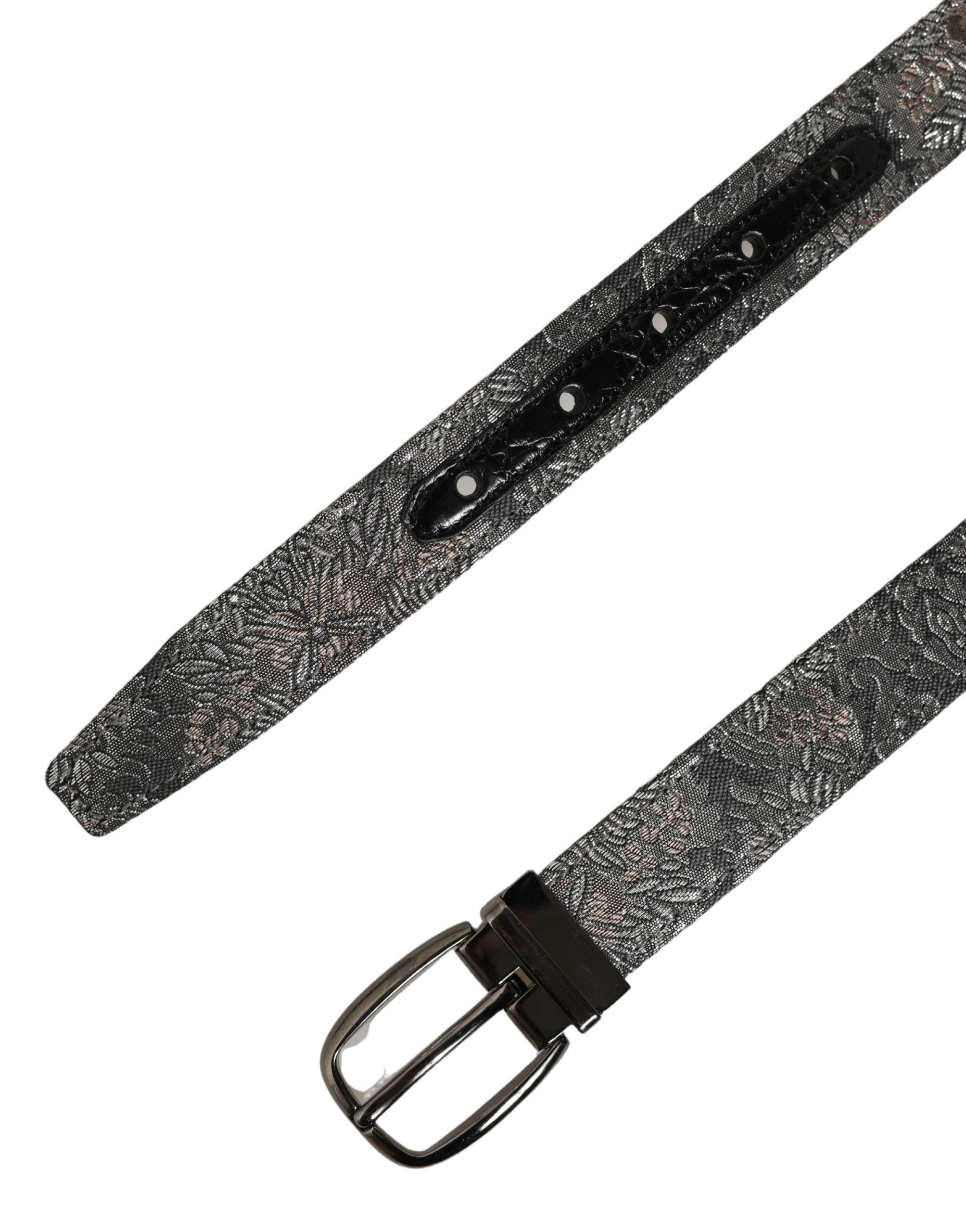 Dolce & Gabbana Silver Black Floral Jacquard Metal Buckle Belt