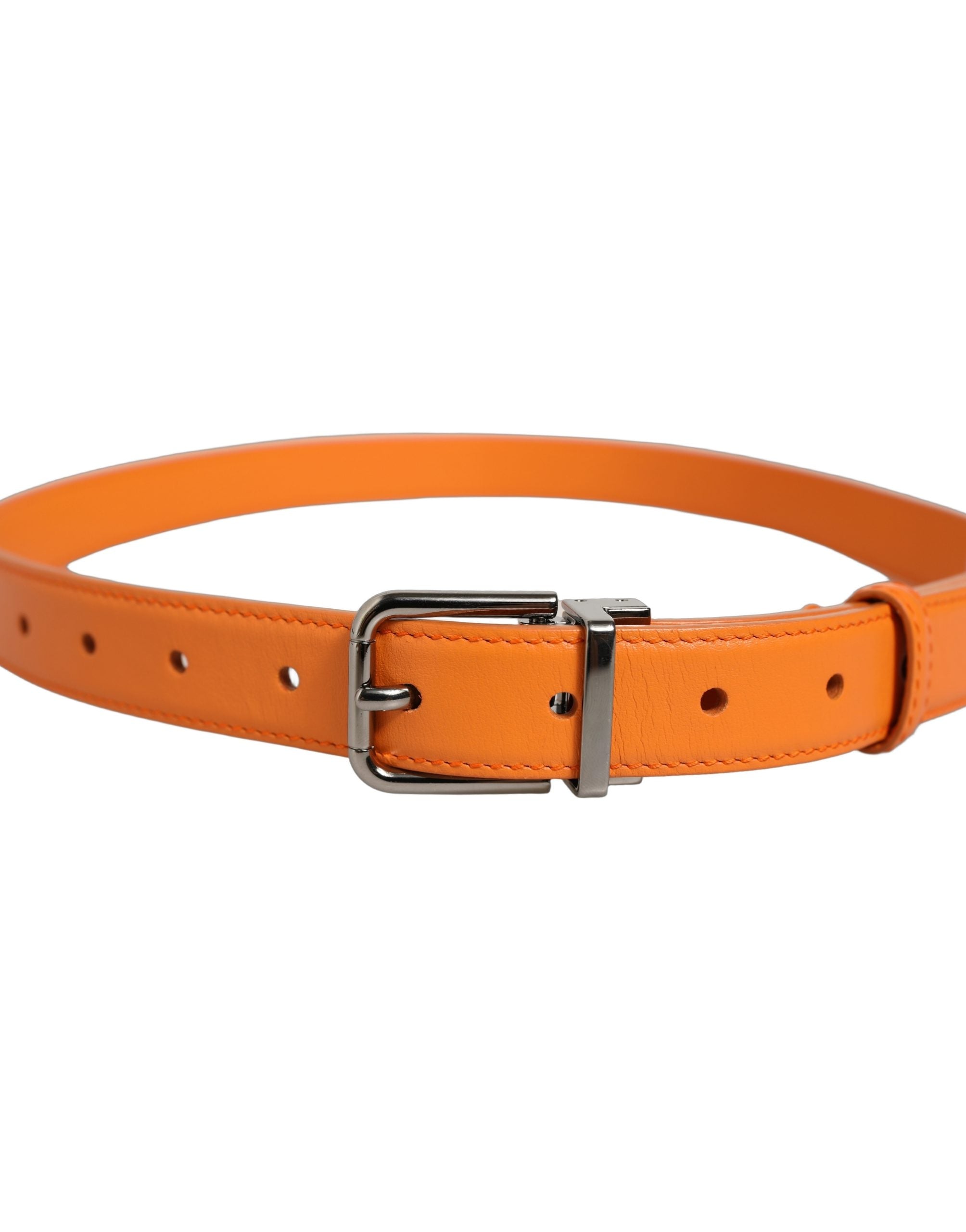 Dolce & Gabbana Orange Leather Silver Tone Metal Buckle Belt