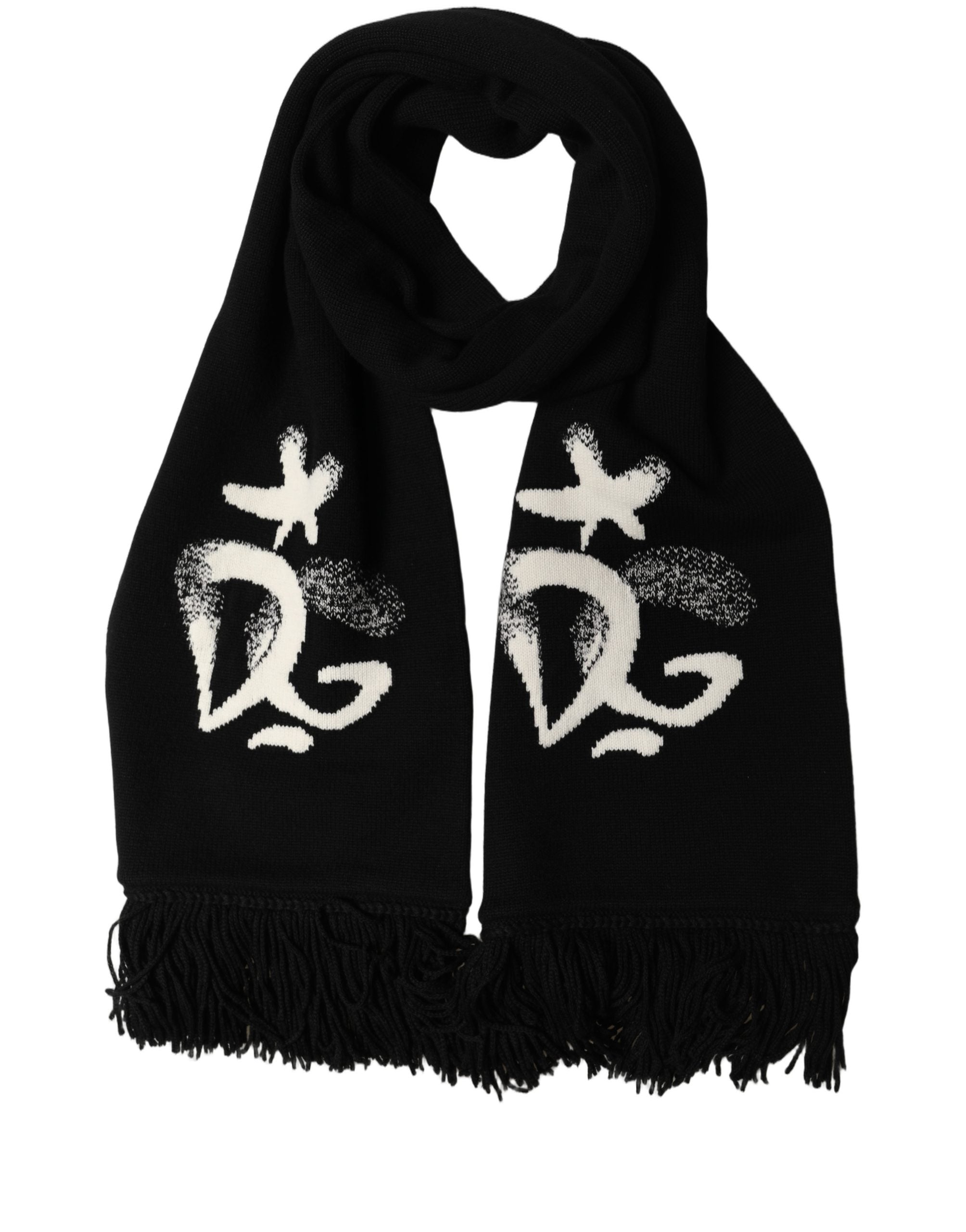 Dolce & Gabbana Black Cashmere Knitted Fringed Foulard Scarf