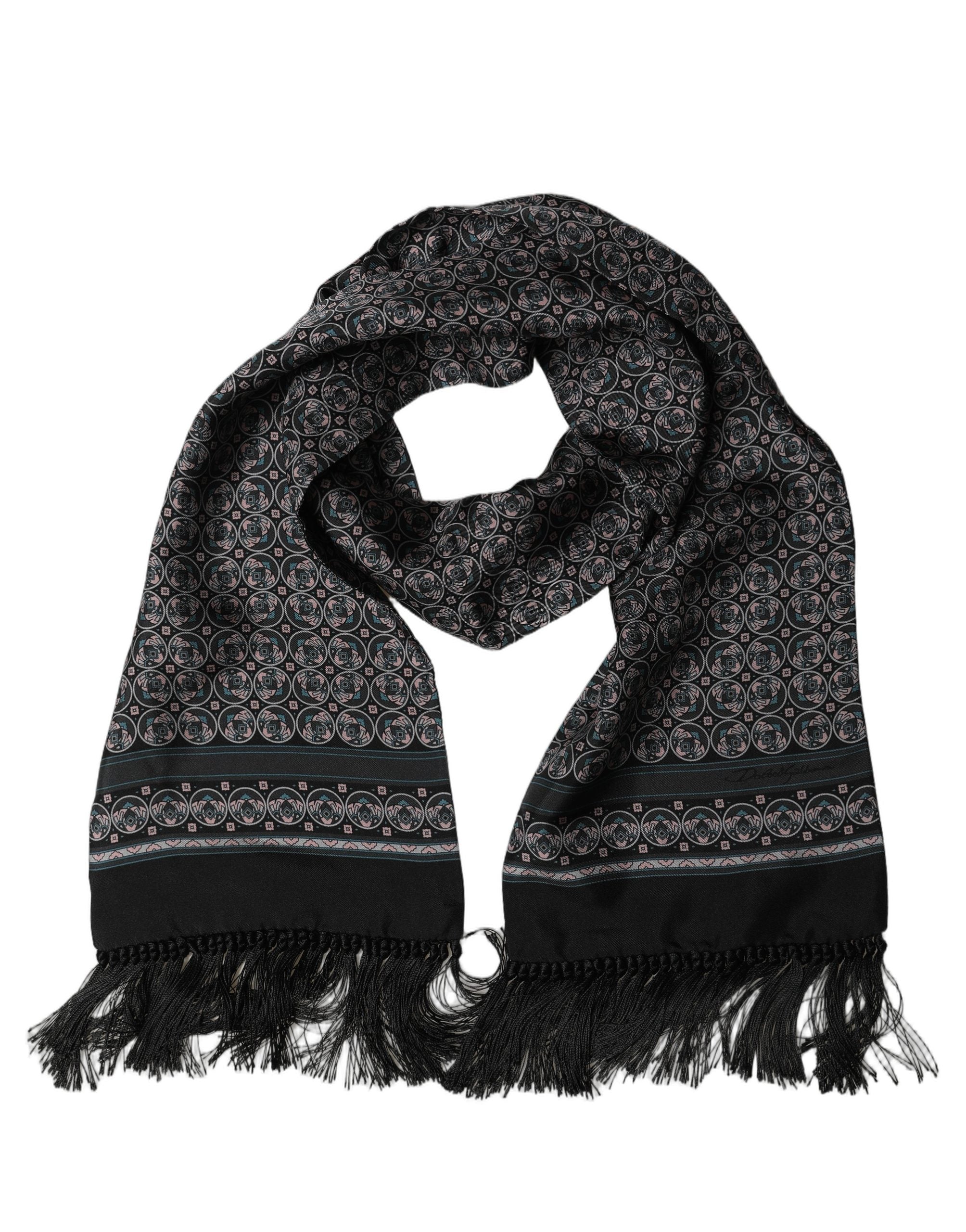 Dolce & Gabbana Black Silk Geometric Fringed Neck Shawl Scarf