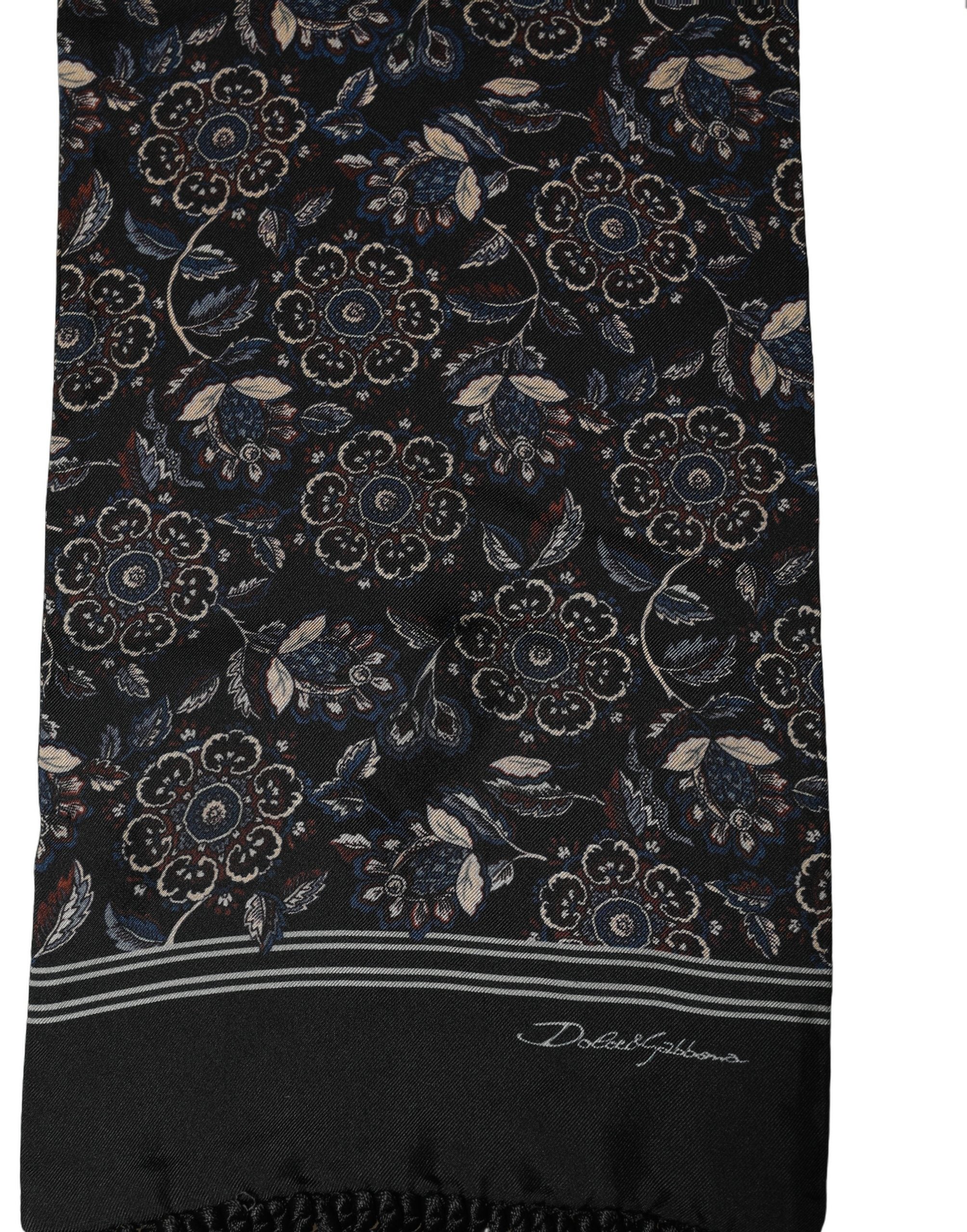 Dolce & Gabbana Black Silk Floral Paisley Fringed Shawl Scarf
