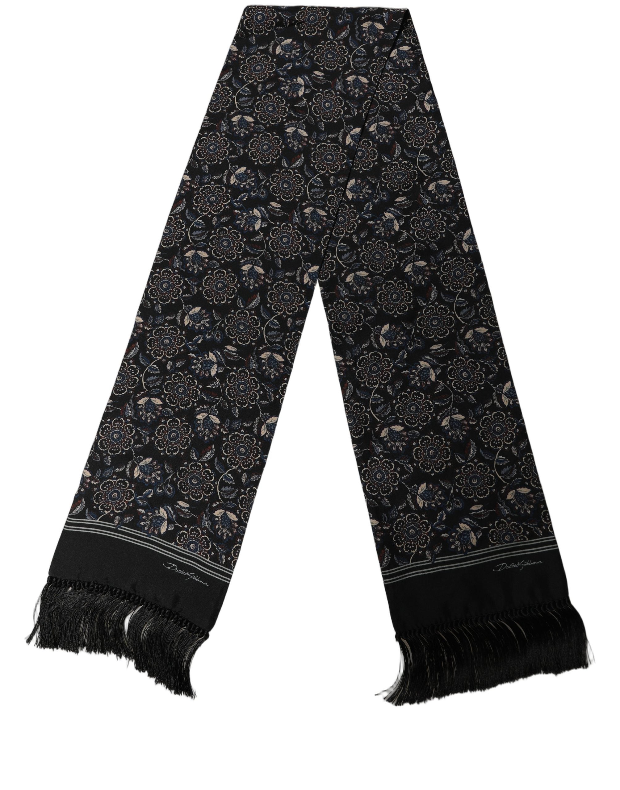 Dolce & Gabbana Black Silk Floral Paisley Fringed Shawl Scarf
