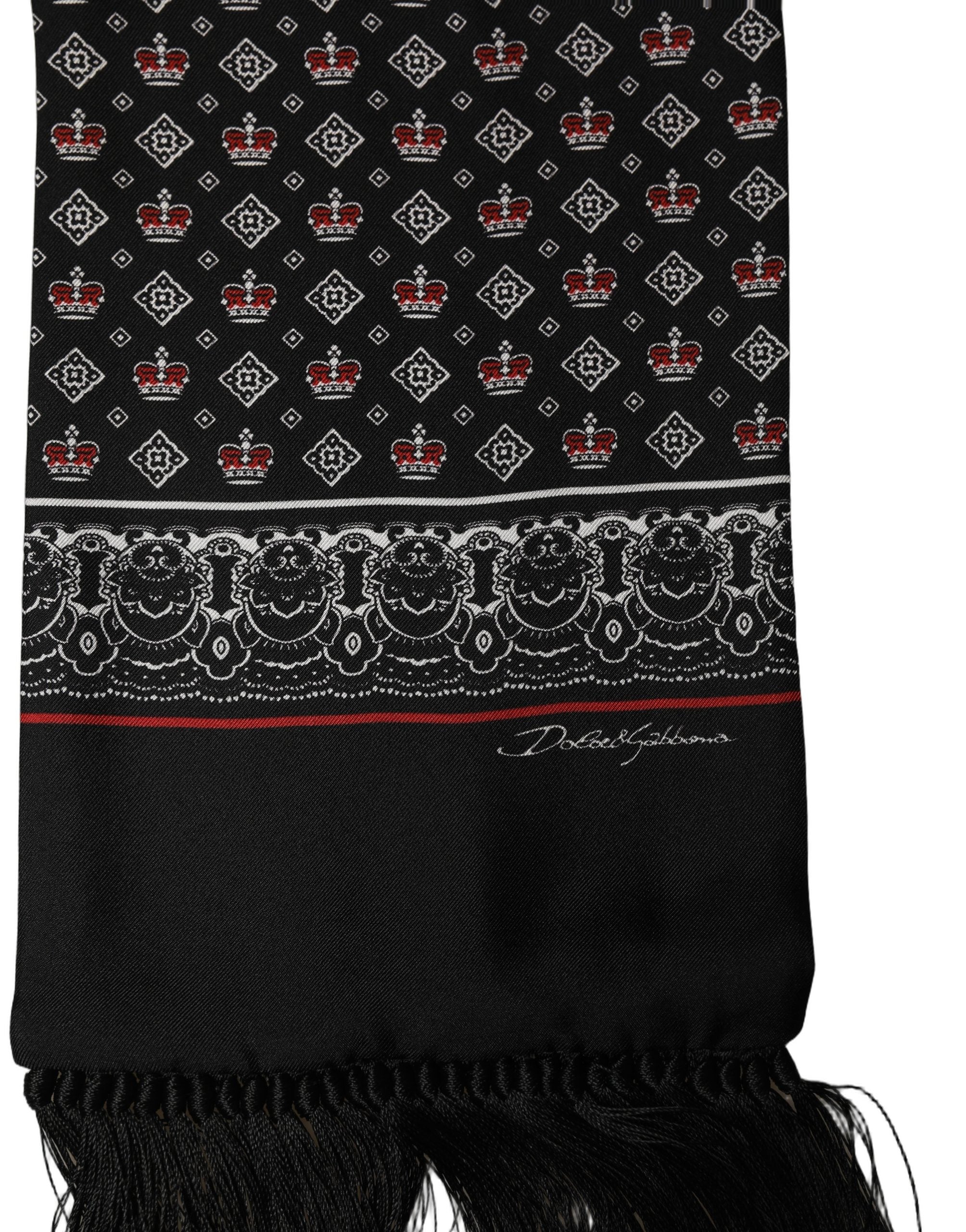 Dolce & Gabbana Black Silk Crown Fringed Neck Shawl Scarf
