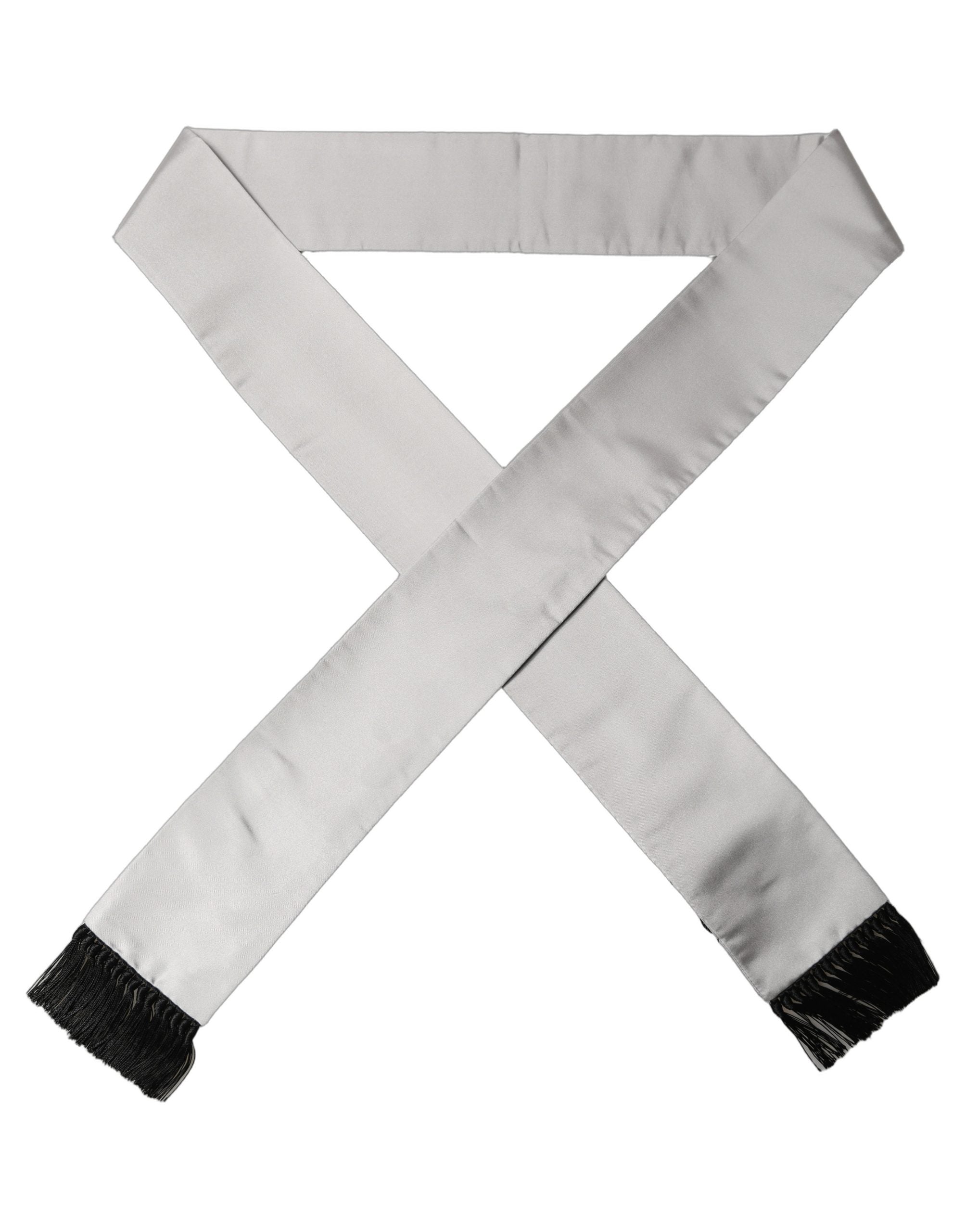 Dolce & Gabbana Light Gray Satin Silk Fringed Lace Stole Scarf