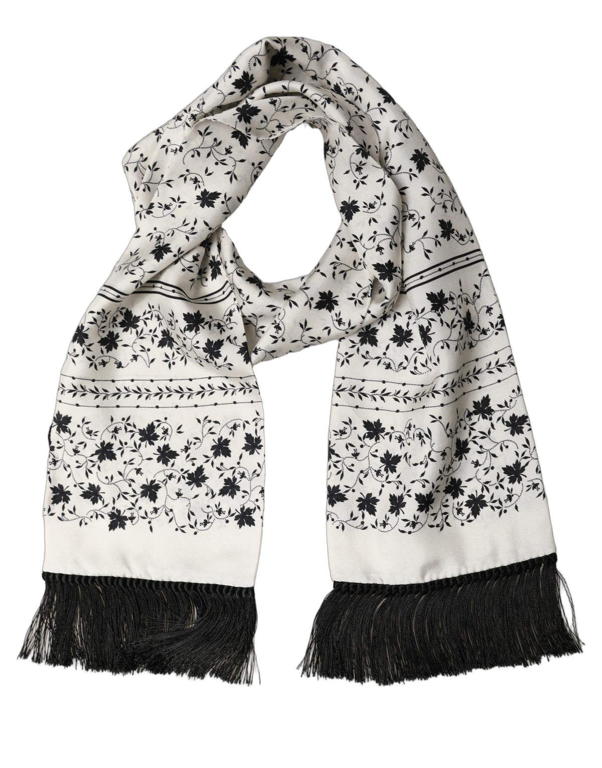 Dolce & Gabbana White Floral Silk Fringed Neck Shawl Scarf