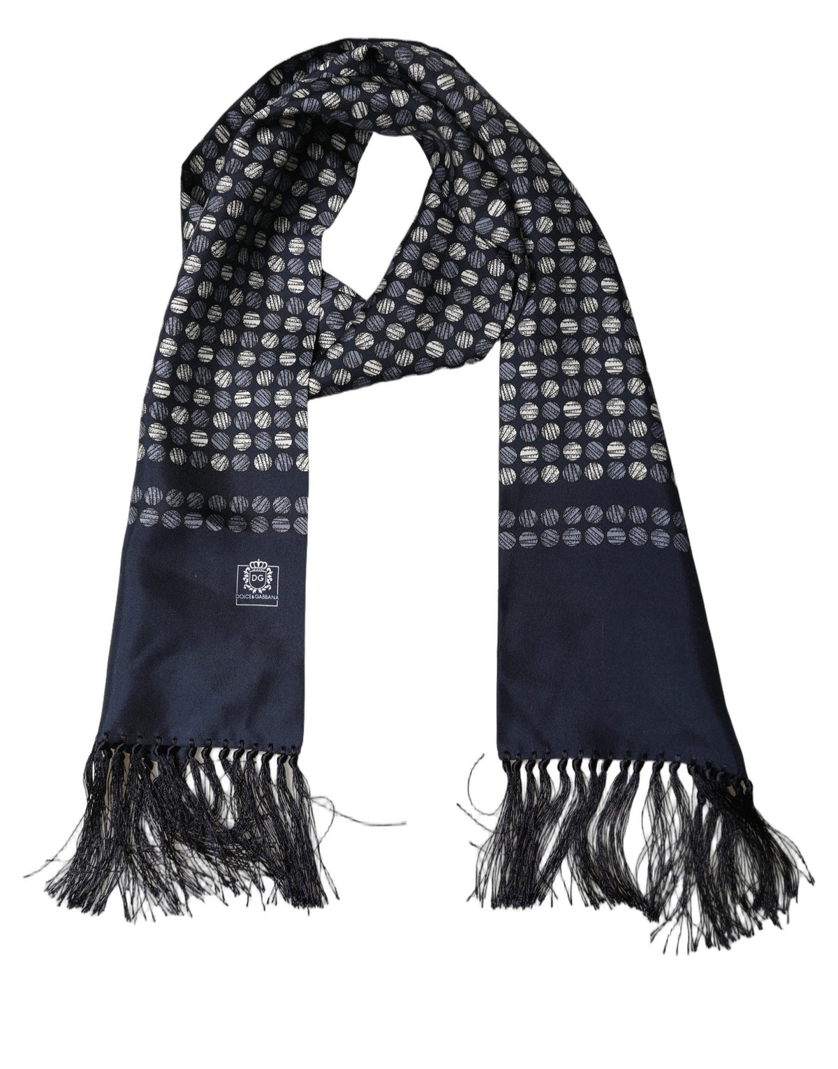 Dolce & Gabbana Men Navy Blue Geometric Dot Silk Fringed Neck Shawl Scarf