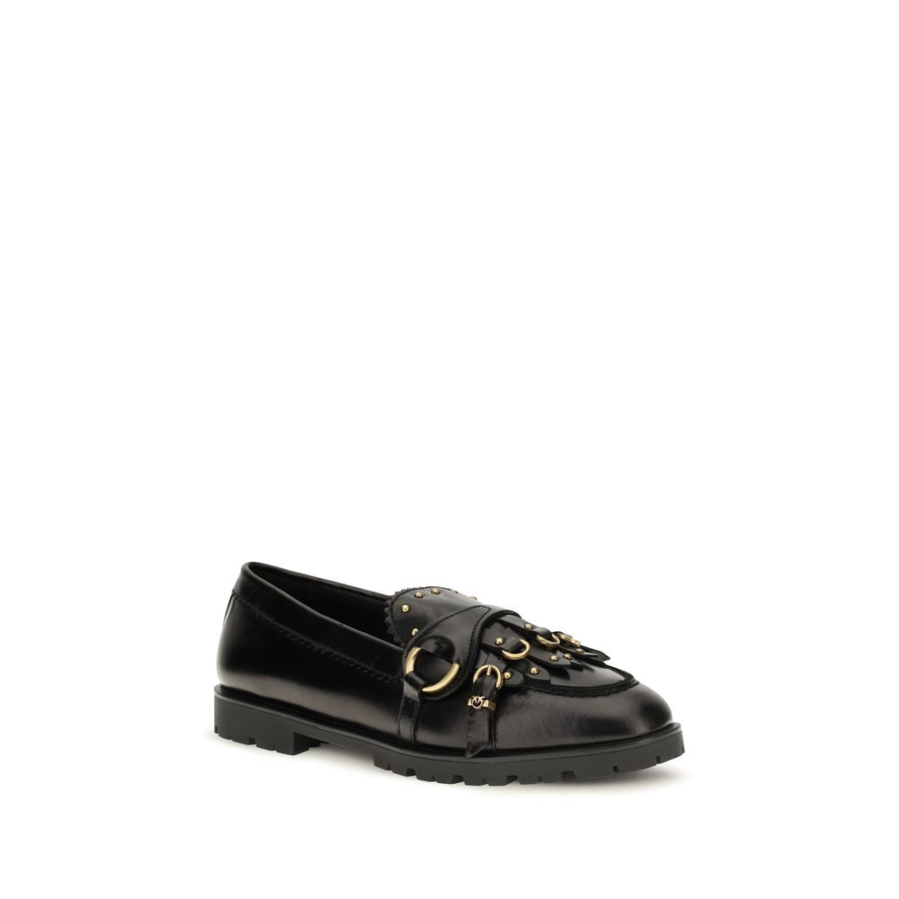 PINKO Black Calf Leather Bos Taurus Slip-On Loafers