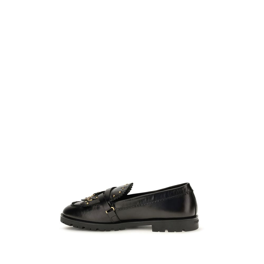 PINKO Black Calf Leather Bos Taurus Slip-On Loafers