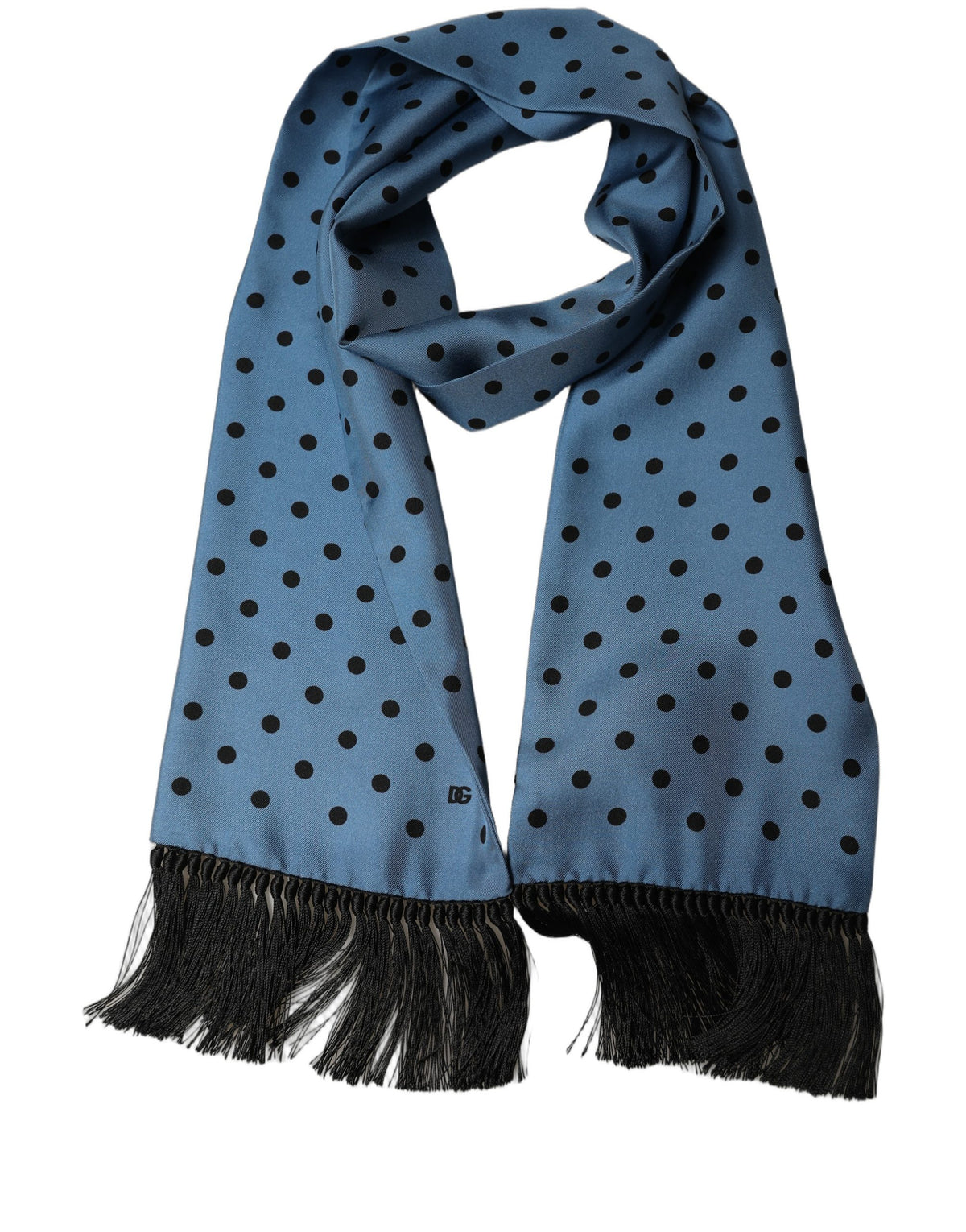 Dolce & Gabbana Blue Polka Dot Silk Fringed Lace Stole Scarf
