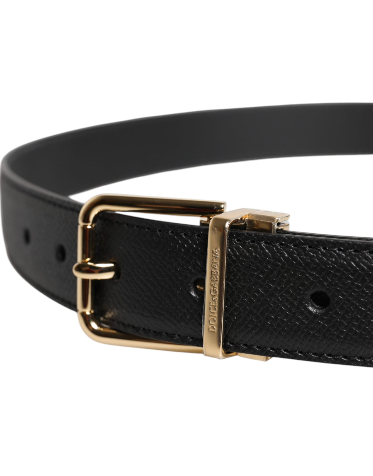 Dolce & Gabbana Black Grained Leather Gold Metal Buckle Belt