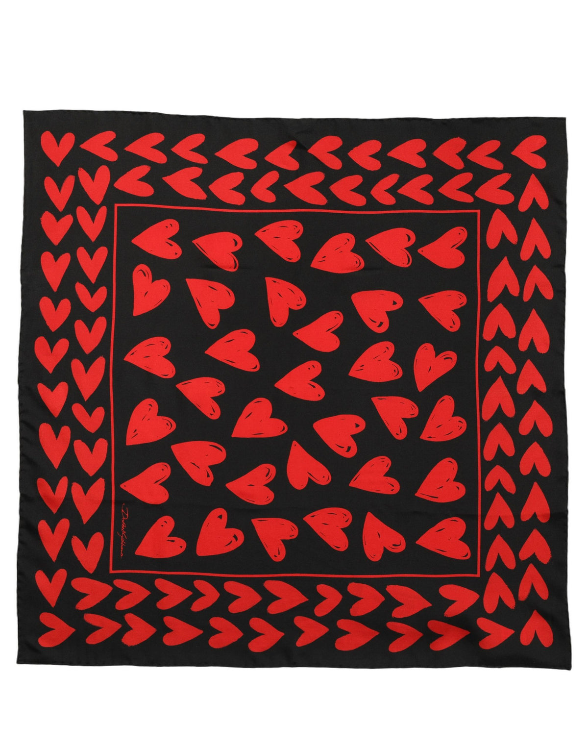 Dolce & Gabbana Black Red Silk Hearts Square Foulard Scarf