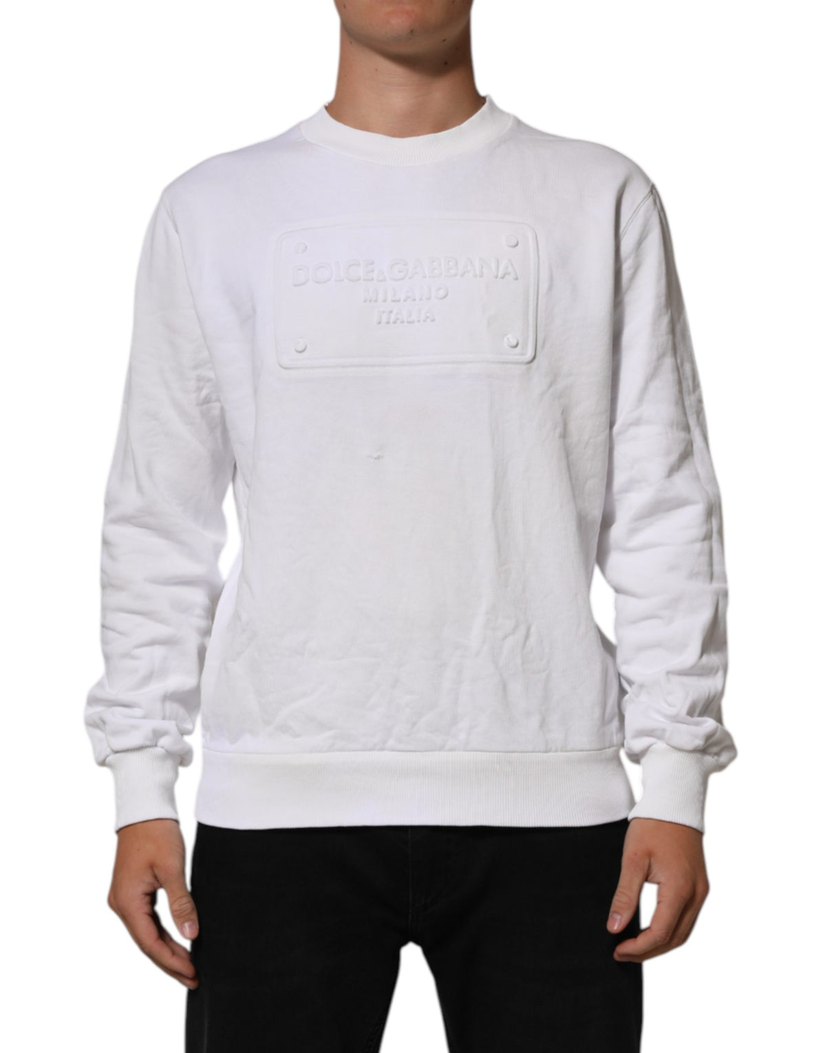 Dolce & Gabbana White Logo Embossed Cotton Sweatshirt Sweater