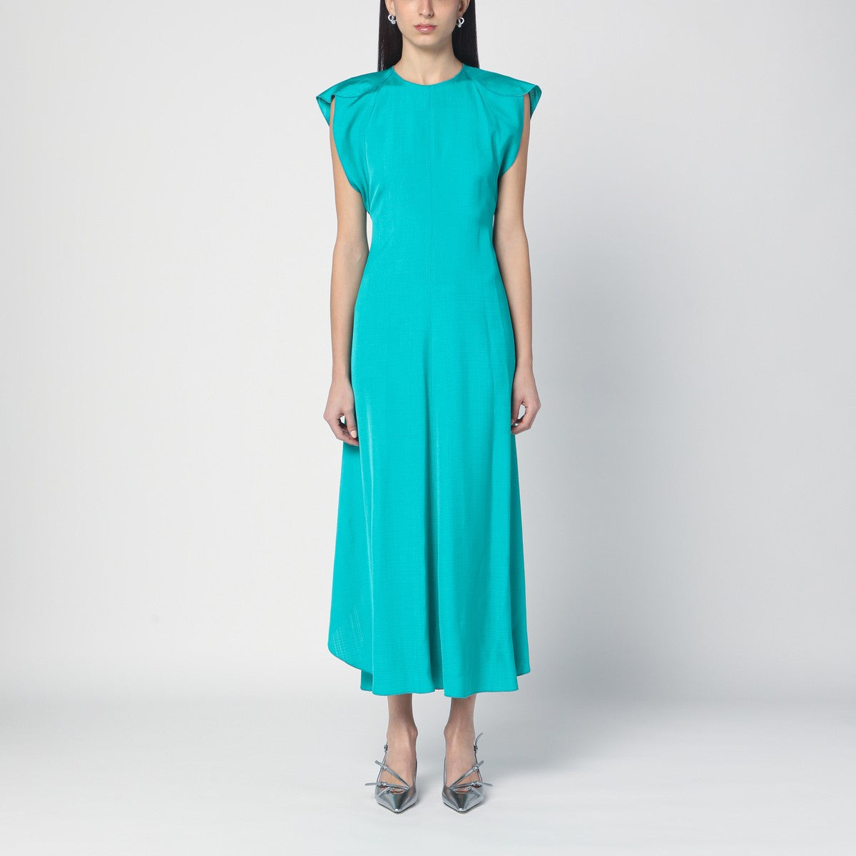Victoria Beckham Victoria Beckham Peacock colour midi dress with hooded sleeves
