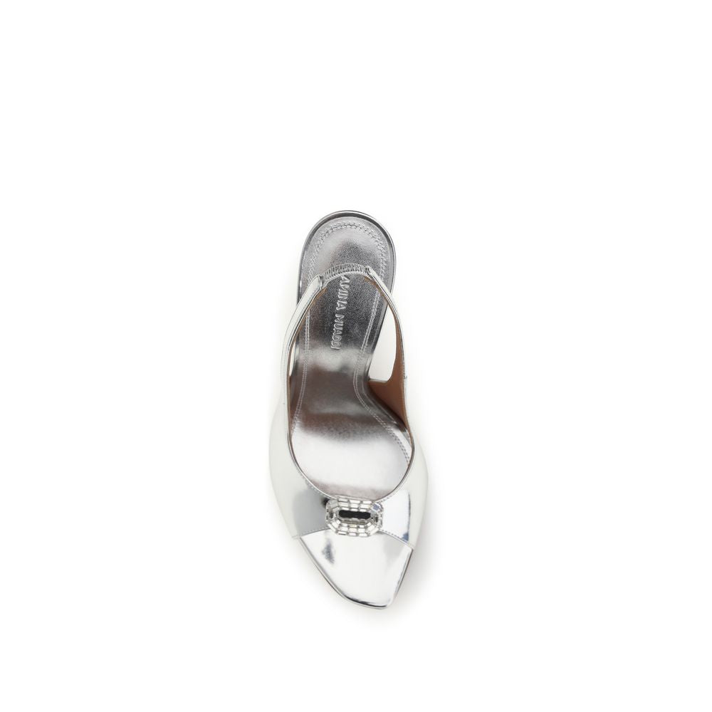 Amina Muaddi Silver Calf Leather Bos Taurus Sandals