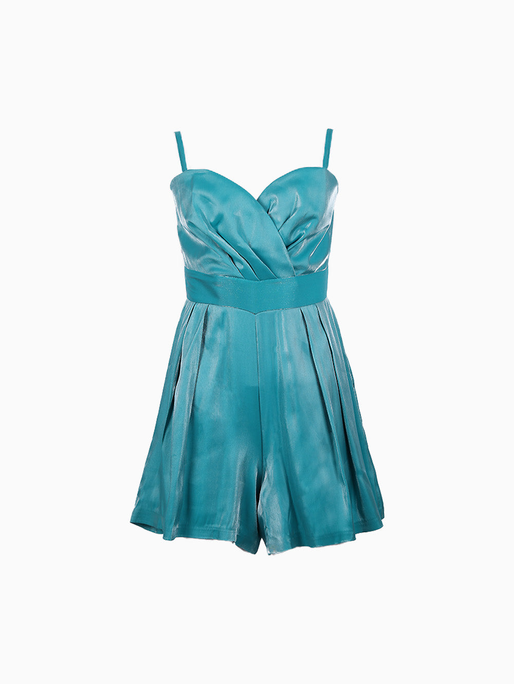 Siste’s satin teal playsuit front view – sweetheart neckline and pleated shorts.