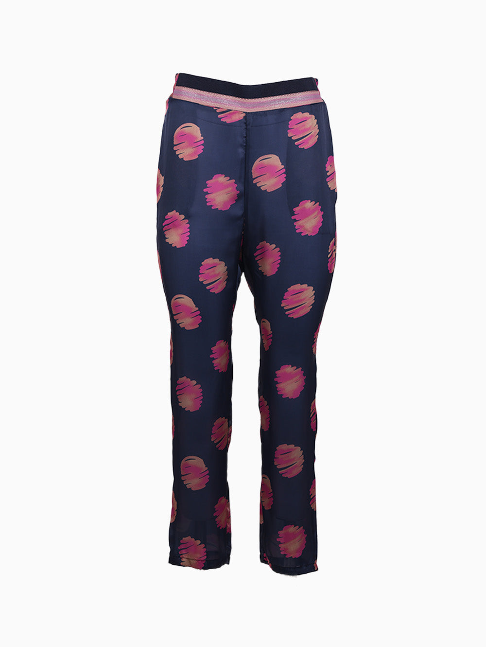 Siste’s Women’s Satin Printed Trousers in Navy with Pink Brush Strokes – Front View
