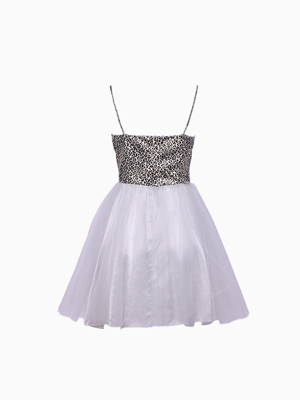 Back view of Siste’s Leopard Bodice Tulle Mini Dress
